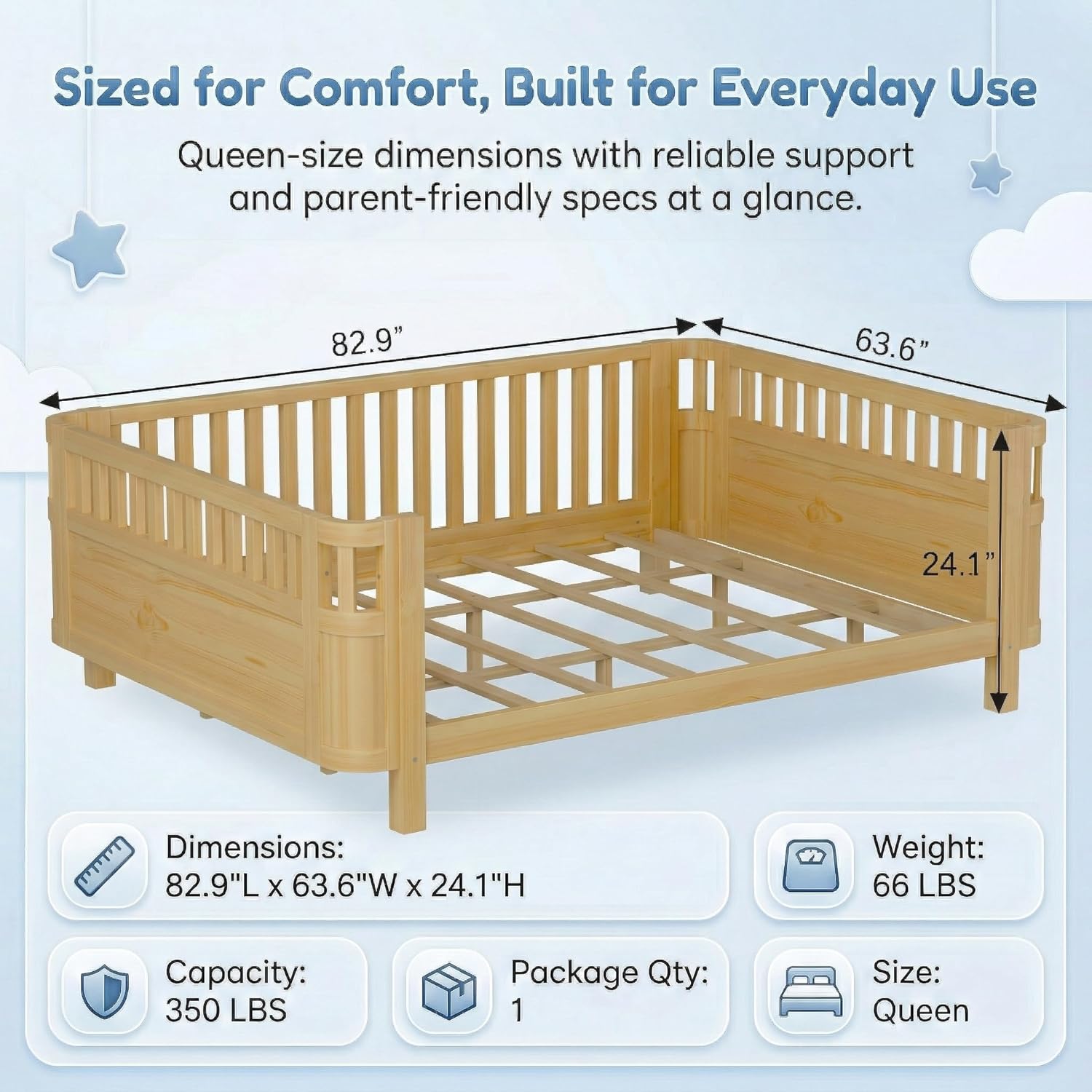 Queen Bed Frame for Kids with Rails, Low Profile Montessori Queen Bed with Detachable Side Rail, Solid Pine Wood Kids Daybed with Headboard, Footboard & Slat Support for Boys Girls, Natural
