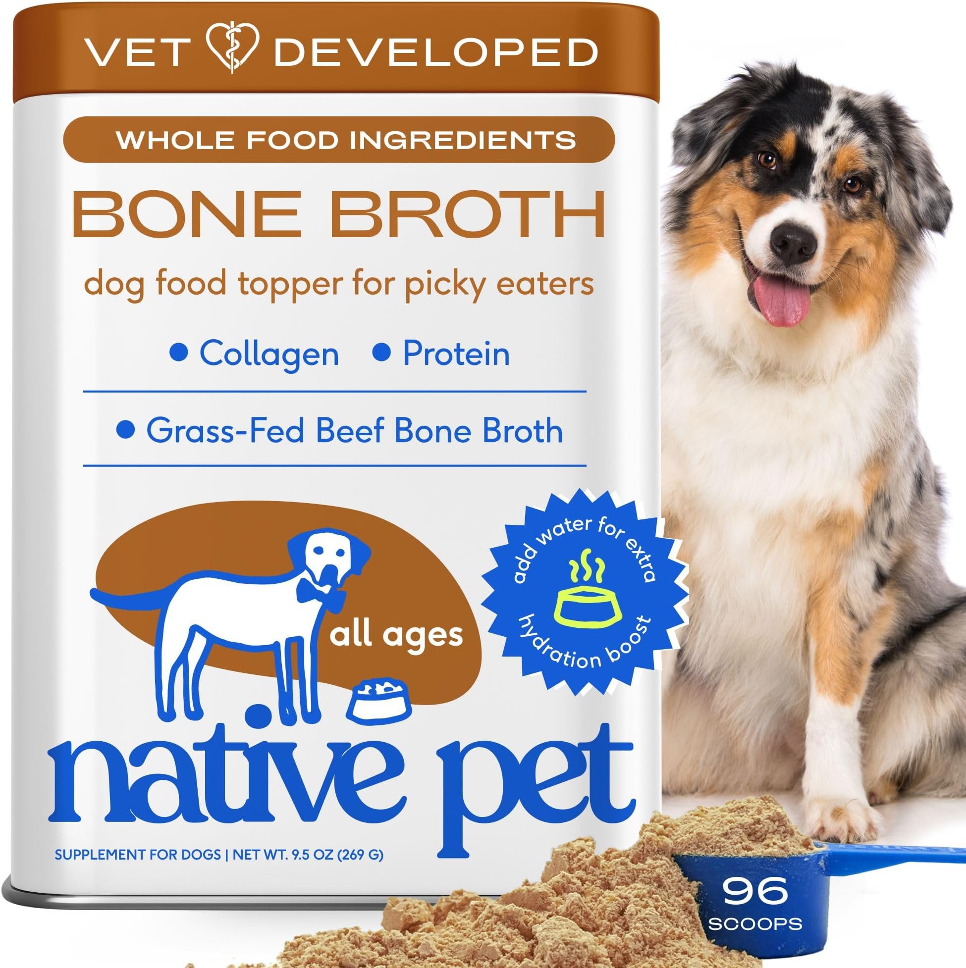Bone Broth for Dogs and Cats - Made with Real Beef Bone Broth, Dog Food Toppers for Picky Eaters - Provides Extra Hydration & Nutrition for Joint Strength, Immunity & Heart Health-96 Scoops