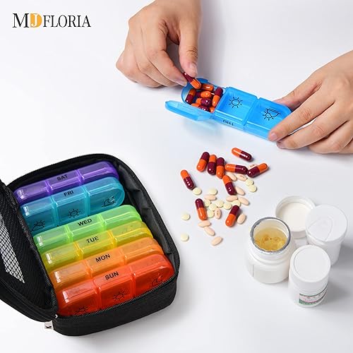 Miniatura 6 de Pastillero semanal 3 veces al día, pastillero de viaje portátil con recipientes separados para pastillas y bolsa de cuero, pastillero diario de gran