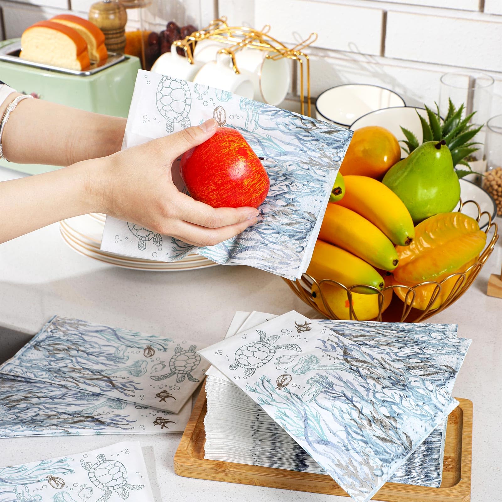 200 toallas de papel de baño de tortuga costera de 2 capas, servilletas de invitados de verano, toallas de mano de papel de baño azul, servilletas de cena de medusas, servilletas náuticas