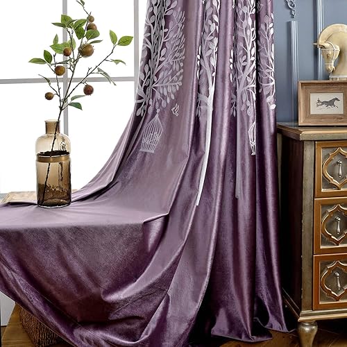 VOGOL Cortinas opacas de franela lavanda, cortinas bordadas con ojales de árboles blancos, cortina de oscurecimiento de habitación para dormitorio, disponible en Yaxa Venezuela