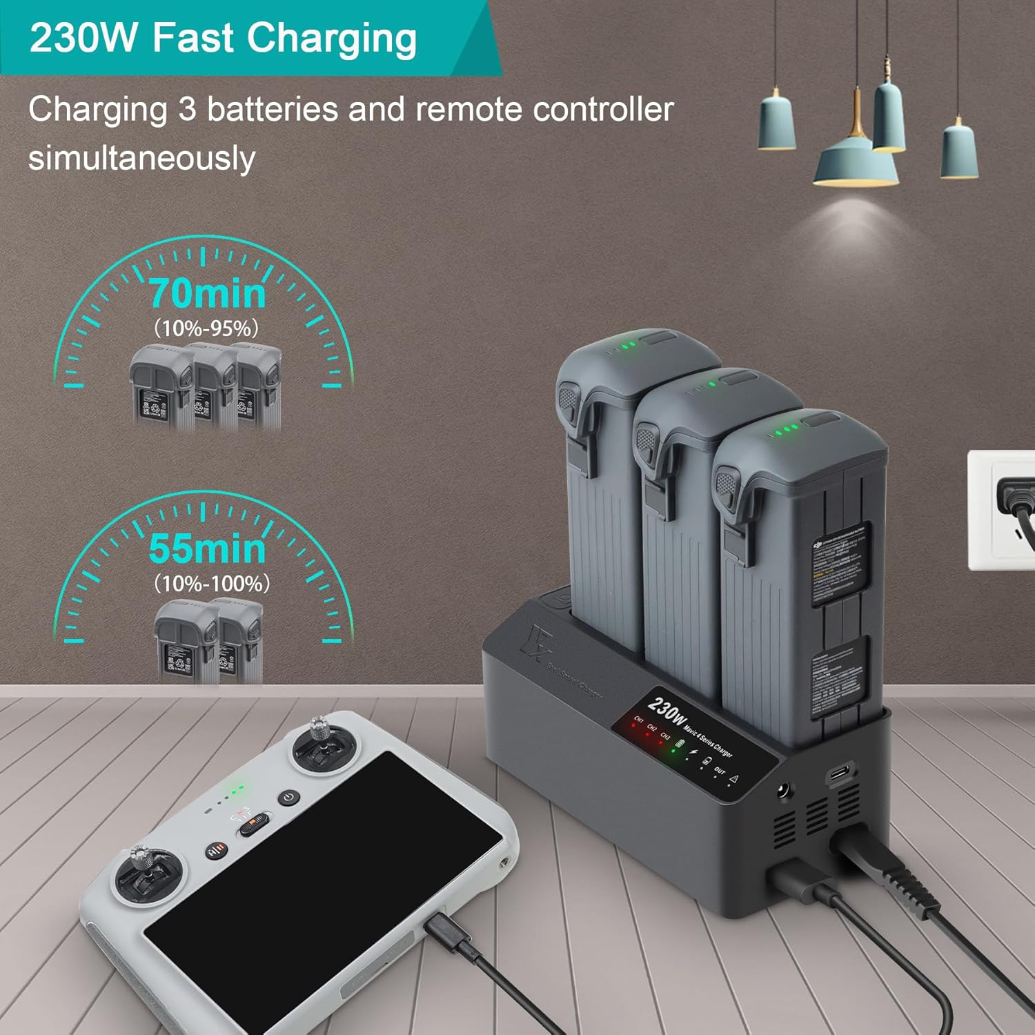 230W Multifunction Battery Charger for DJI Mavic 4 Pro Drone,Parallel Fast Charging Hub,Simultaneous Charge 3 Batteries Accessories - Image 4
