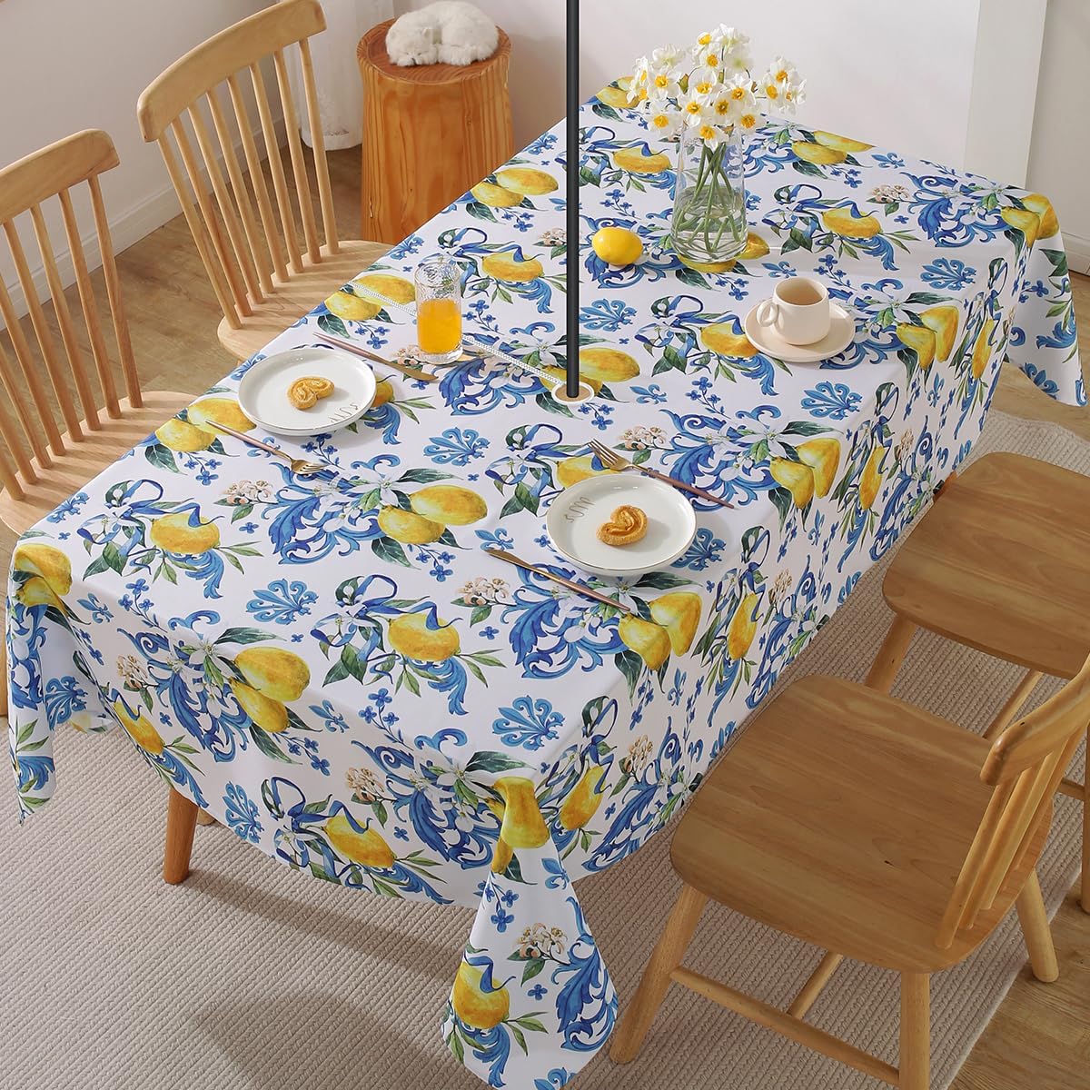 SASTYBALE Lemon Outdoor Tablecloth with Umbrella Hole and Zipper Rectangle 60x120 Inch Wrinkle Free Lemons Flowers Zippered Table Cloth, Fabric Table Cover for Summer/Picnic/Patio/Camping, Blue