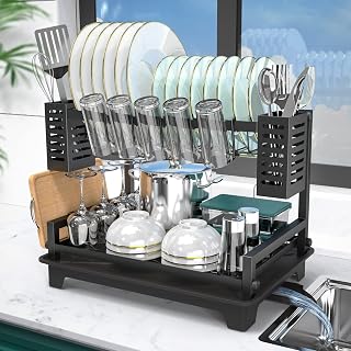 B-Land 2-Tier Dish Drying Rack for Kitchen Counter - Large Rust-Proof Metal Drainer with Drainboard, Utensil Holders & Auto Drainage