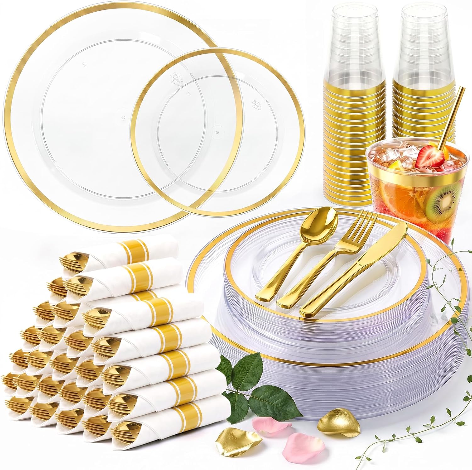 Glowserve 50 Guests 350 PCS Disposable Plastic Plates Clear Dinnerware Sets | 100 Plastic Plates,150 Silverware,50 Plastic Cups,50 Rolled Napkins,for Party Wedding,Gold Rimmed Plates