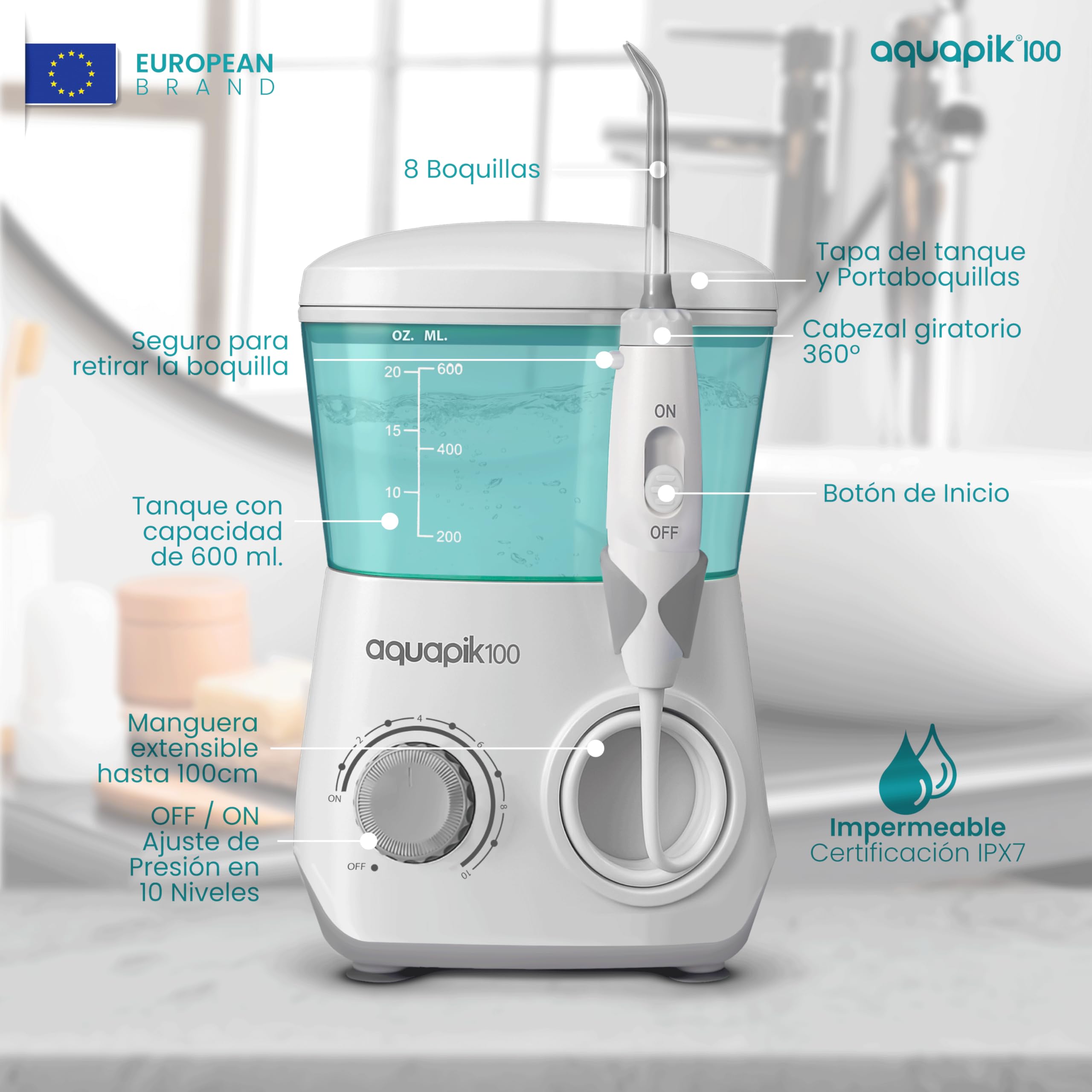 Compra Inteligente: Aquapik® 100 Irrigador dental Sobremesa + Aquapik® Plus en un Pack | Ahorra y Cuida Tu Salud Bucal en Casa y Viaje |Cubre diferentes necesidades bucales | Cuidado Premium