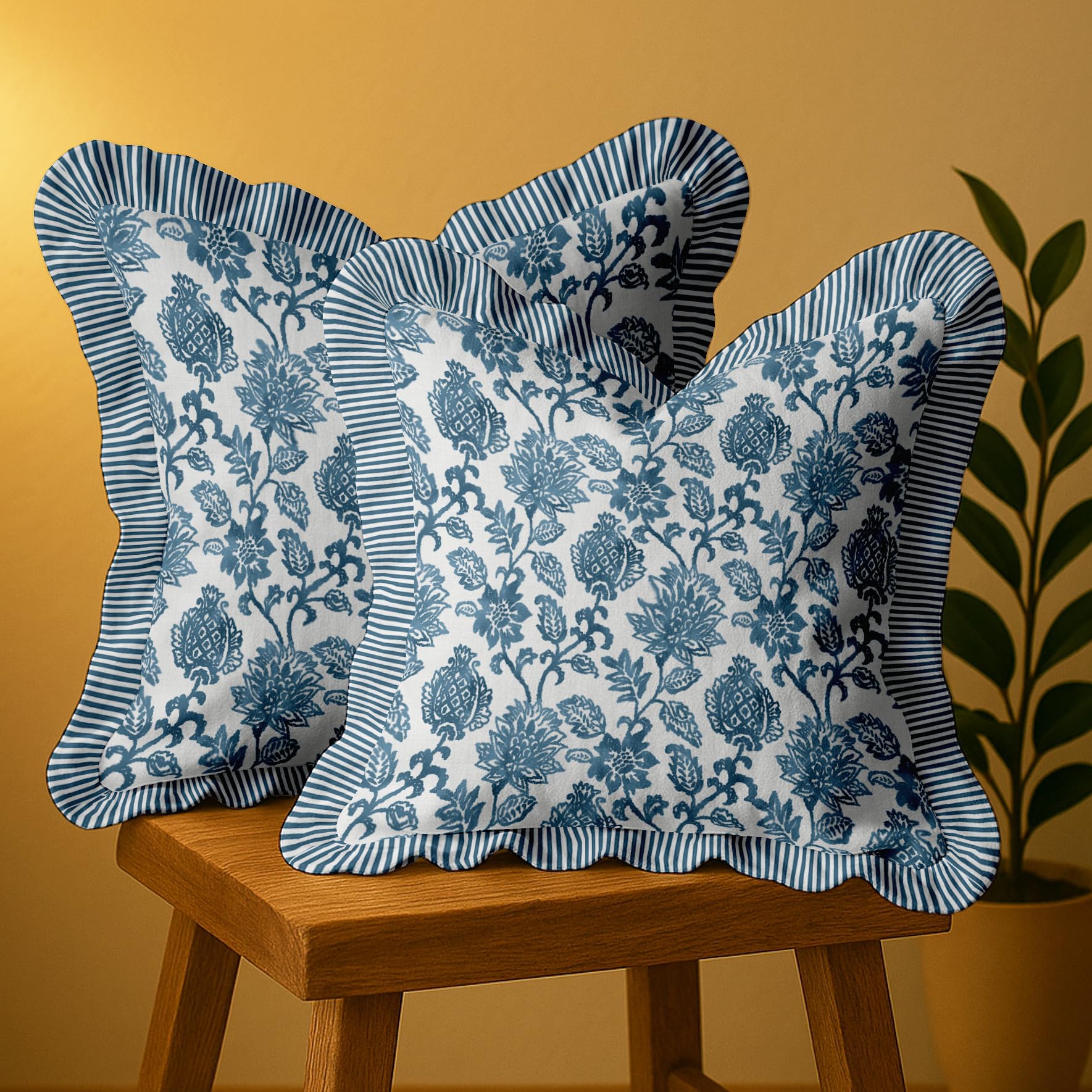 Vargottam Farmhouse Style Frill Pillow Covers 18x18 Cotton Cushion Covers Set of 2, Floral Print, Double Side Printed, Zipper Closure