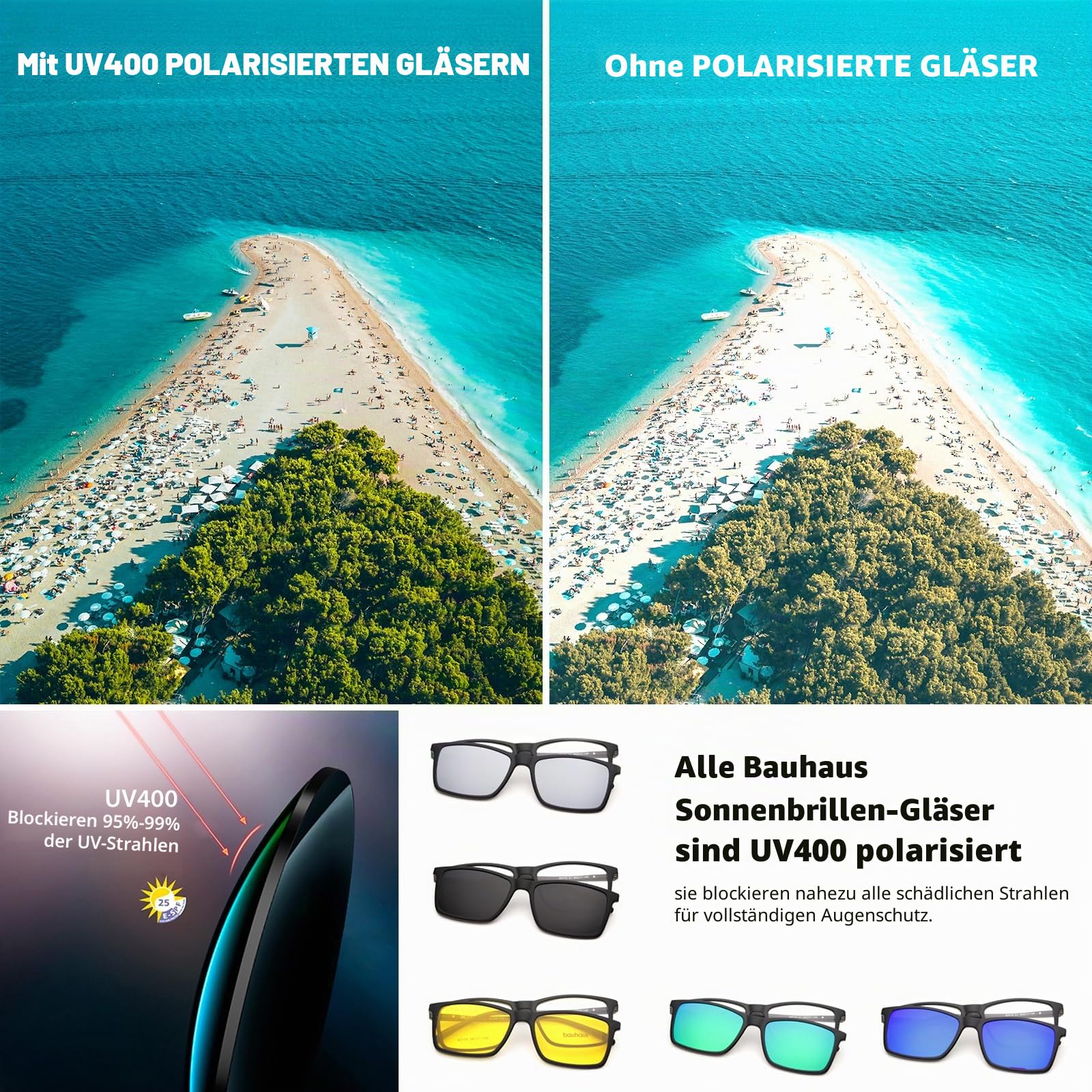 BAUHAUS Magnetische Sonnenbrille zum Anklippen für Damen und Herren, polarisiert, UV-Schutz, Retro, quadratische Brille, passend für Nachtfahrten