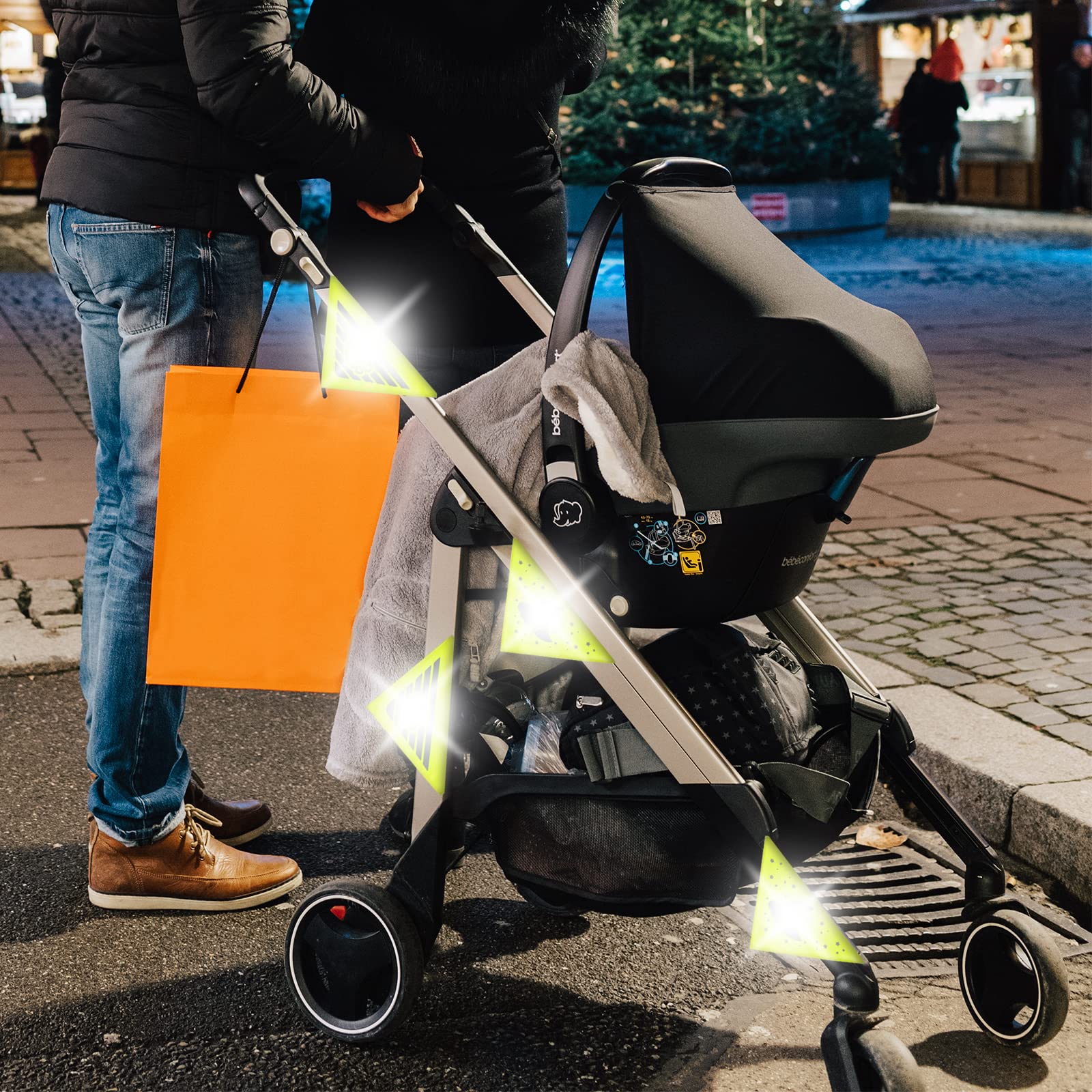 4 Catarifrangenti per Passeggino, Universali, Ideali per Passeggini, Biciclette, Rimorchi e Molto Altro, Simpatici Neonati e Nuvole, Luna, Stelle, Motivo Neon Giallo