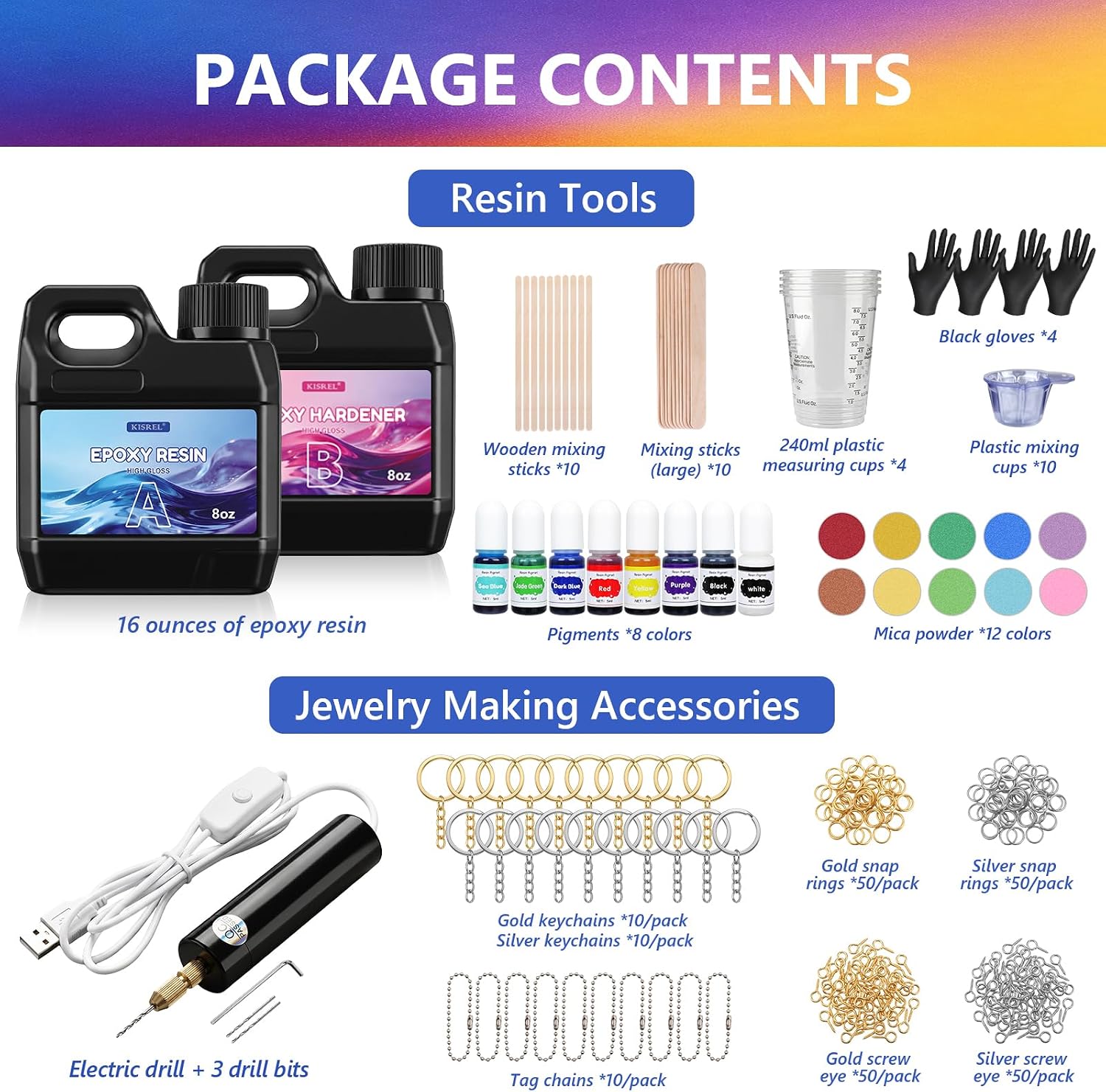 KISREL Epoxy Resin Kit and Electric Drill Set - 16OZ Epoxy with 3D Resin Molds, Pigments & Craft Tools, Electric Hand Drill for Jewelry, Resin, Plastic, Great DIY Gift for Adults & Beginners