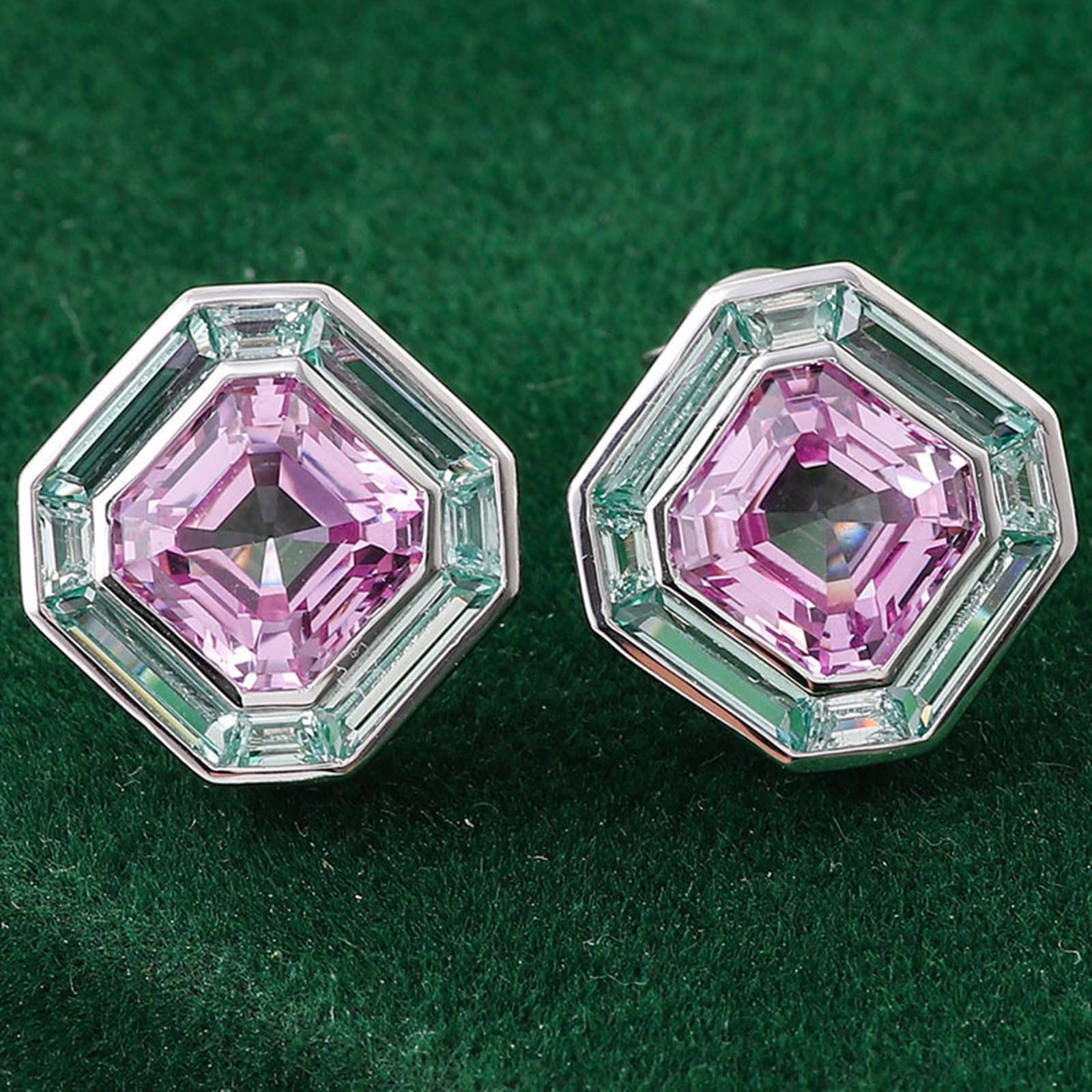 Pendientes Mujer con Zafiro Rosa y Verde Laboratorio, Oro Blanco 9K/14K/18K, Joyería Pendientes de Botón con Piedra