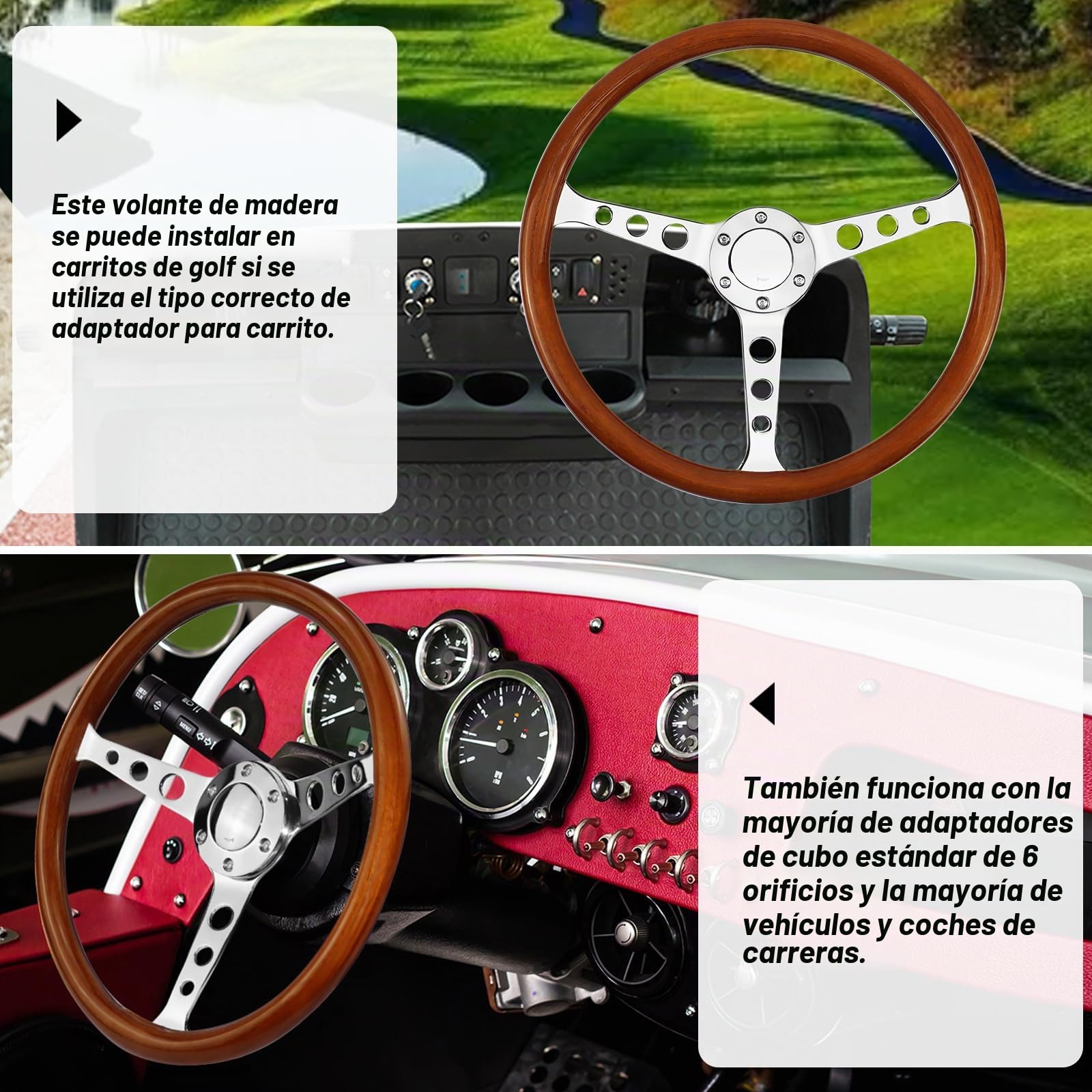 Universal Racing/Golf Cart - Volante de madera, 15 pulgadas, 6 pernos, grano de madera, estilo clásico vintage nostálgico con botones de claxon