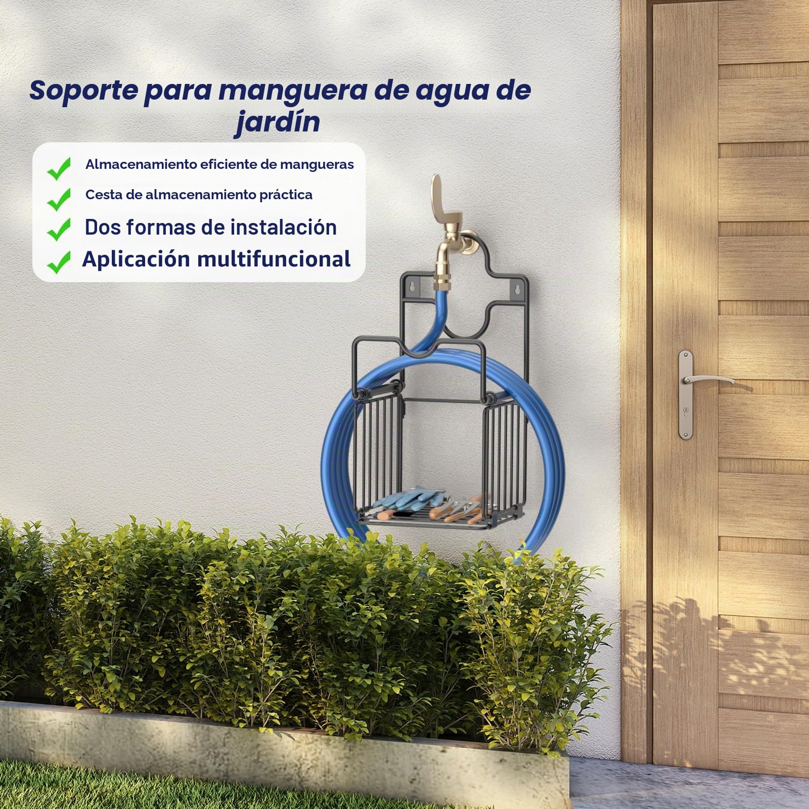 Soporte Manguera Jardin - Soporte Manguera Pared con Cesta de Almacenamiento - Metal de Gran Resistencia Portamangueras Pared, Robusto Duradero Colgador Manguera Recoge para Garaje Patio Garaje Césped