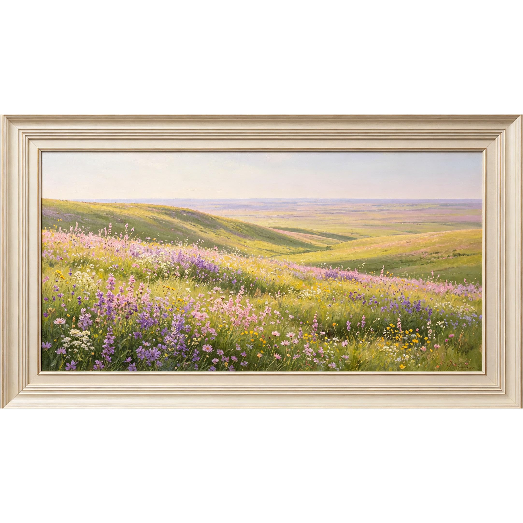 QZLITHOTIC 50×90cm3D Framed Wall Art， Impressionist Wildflower Meadow Landscape Mural， Water?Activated Peel & Stick Fabric Decor Wall Decal for Bedroom Living Room