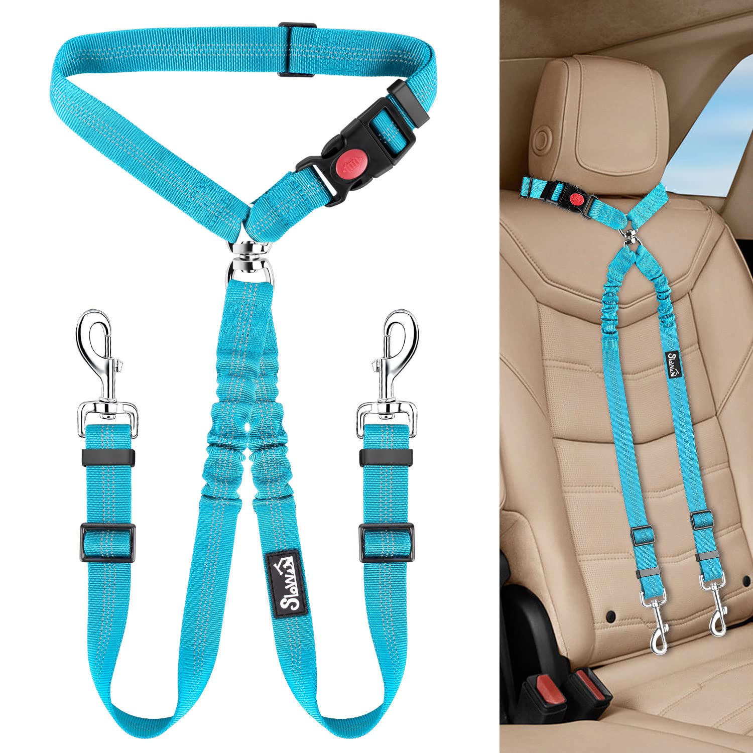 Lukovee Double Dog Seat Belt, New Dual Pet Car Headrest Restraint Safety Seatbelt No Tangle Dog Leash Duty Adjust Elastic Bungee Puppy Lead Splitter