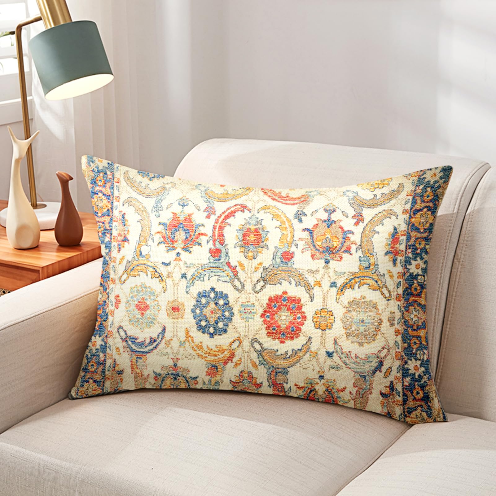 Knagsfa Boho Throw Pillow Cover 18x18 Inch - Vintage Linen Square Pillow Case, Bohemian Ethnic Decor, Green Geometry