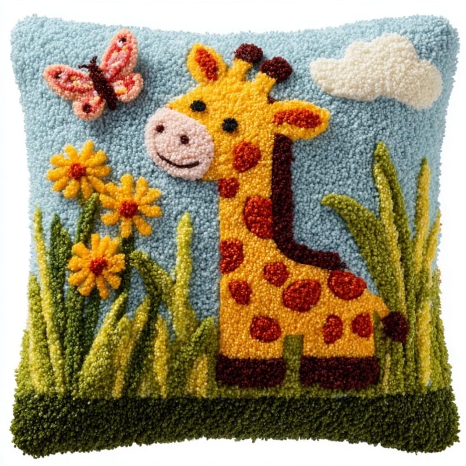 AxiangziK 43x43cm Latch Hook Cushion Making Kit,Giraffe and Butterfly DIY Latch Hook Pillow Cover kit,Soft Yarn Pillow Set,Ideal Creative Gift for Adults