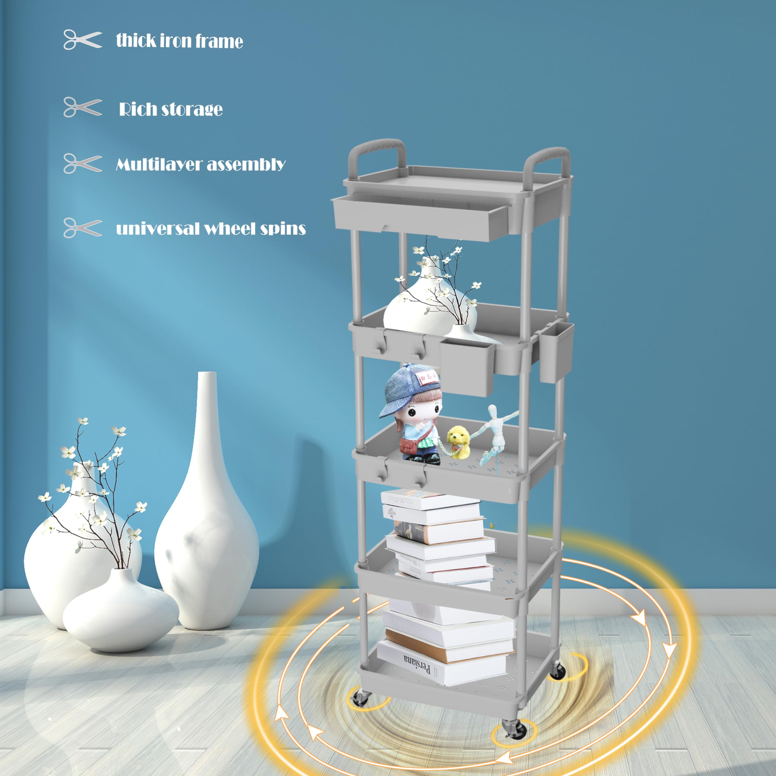 REBECAT - Carrito utilitario de 5 niveles con cajón, carrito utilitario hecho de herramienta organizadora de almacenamiento multifuncional para cocina, baño, sala de estar, oficina (gris)