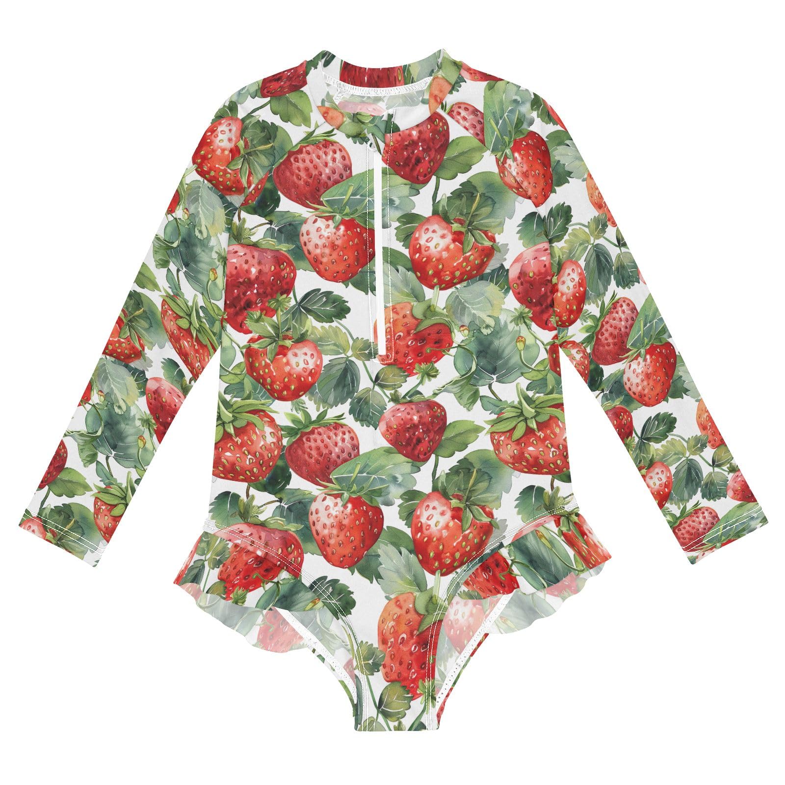 Red Strawberries Green Leaves Girls Swimsuit One Piece Long Sleeve Sun Protection Rash Guard Ruffles Swimwear Bathing Suit for Kids, 4T