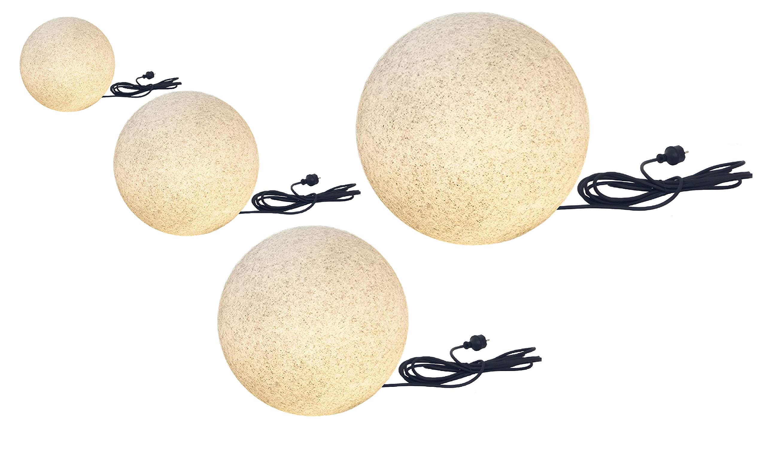 Trango 1er Set 300G IP65 Gartenkugel 30cm ? in Granitstein-Optik *Nature* inkl. ca. 5 Meter IP44 Kabel mit 1x E27 Fassung, Kugelleuchte, Gartenleuchte, Leuchtkugel, Außenleuchte ohne Leuchtmittel