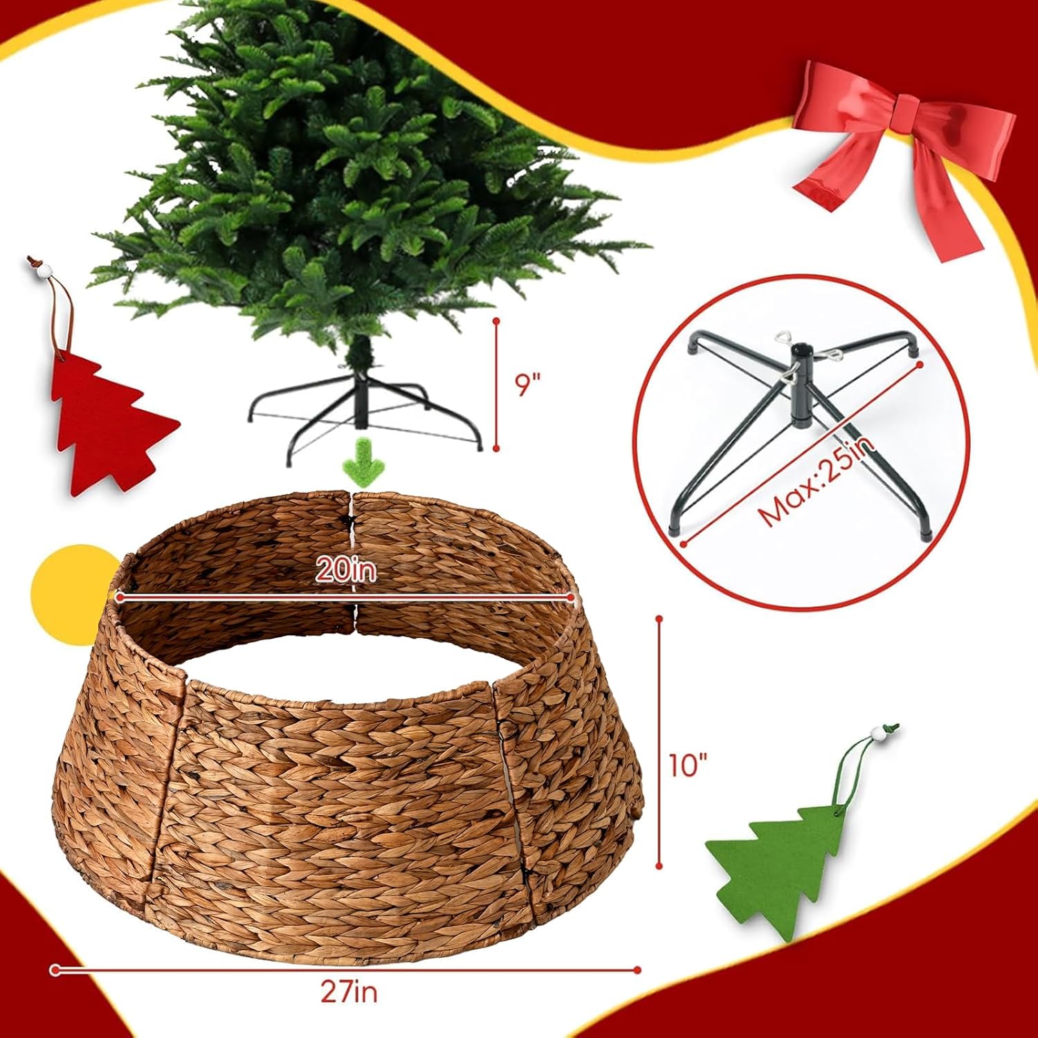 27in Christmas Tree Collar, Handcrafted Natural Woven Xmas Tree Skirt, Farmhouse Tree Base Cover for Artificial Christmas Tree Decoration(Chestnut Brown)