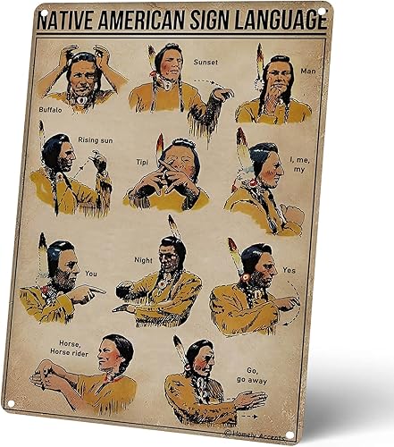 Homely Accents Letrero de pared de metal con lenguaje de signos nativo americano retro, póster vintage de decoración indio americano para el hogar,