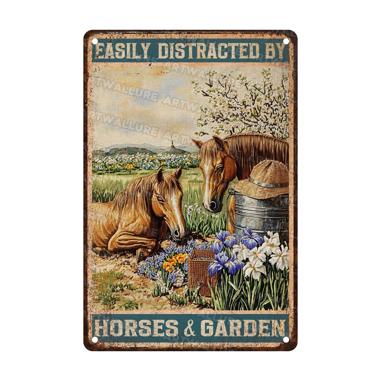 Anceky Tin Sign Easily Distracted By Horse & Garden Metal Signs Funny Wall Decor for Farmhouse Home Cafe Kitchen Garage Bar 12×16 Inch