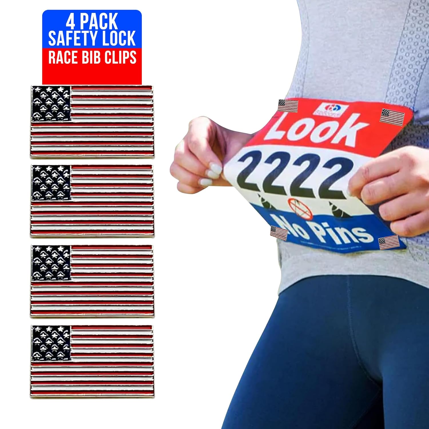 BibBoards Metal Enamel Finish Strong Event Clips - Snap & Lock bibSNAPS for Runners, Non-Magnetic Race Bib Holder for Marathon, Safety Lock Race Clips, Runner Number Holder - 4 Pack