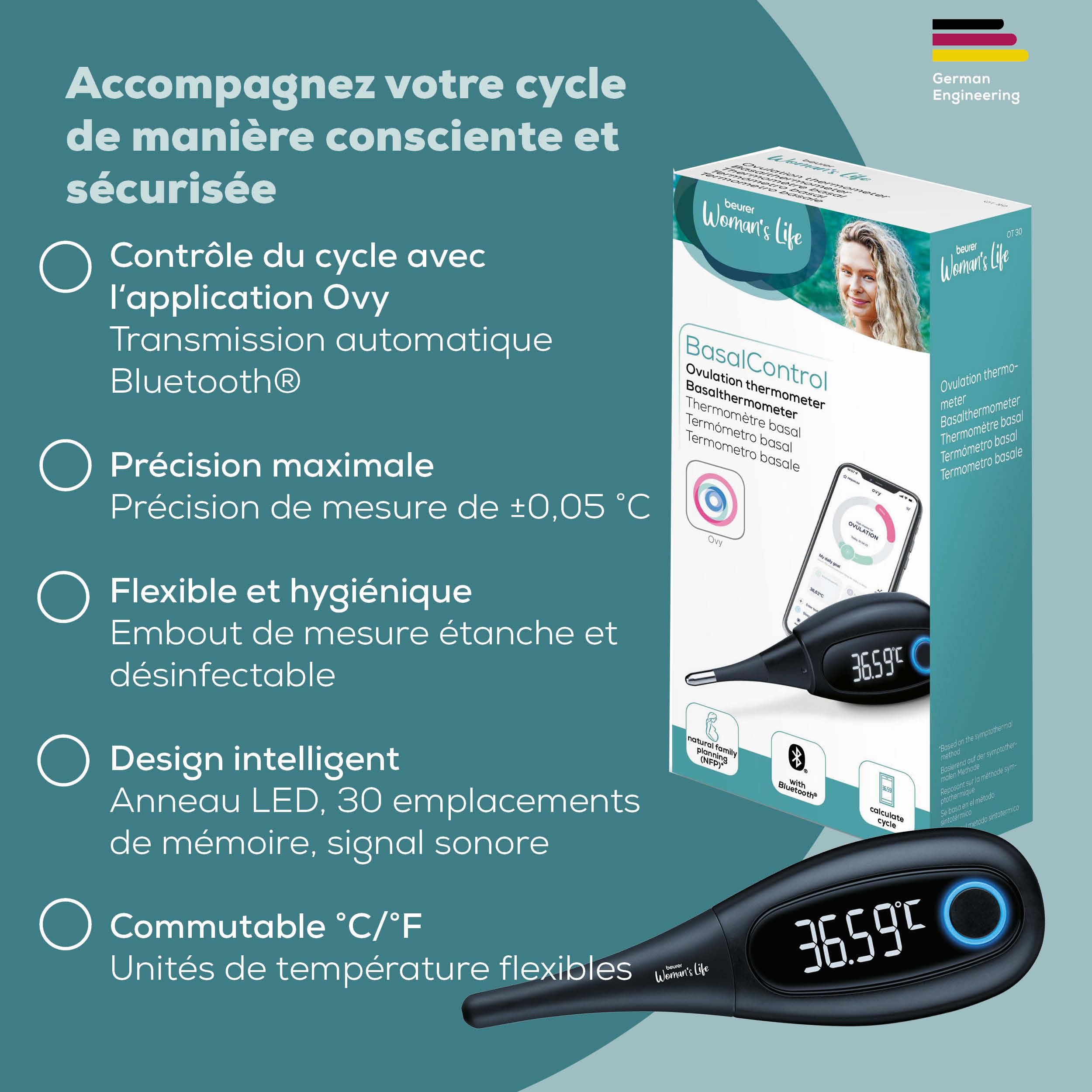 Beurer OT 30 Thermomètre Basal Connecté Bluetooth, Digital avec Application pour Détermination de l'Ovulation et Planification de la Grossesse , Noir