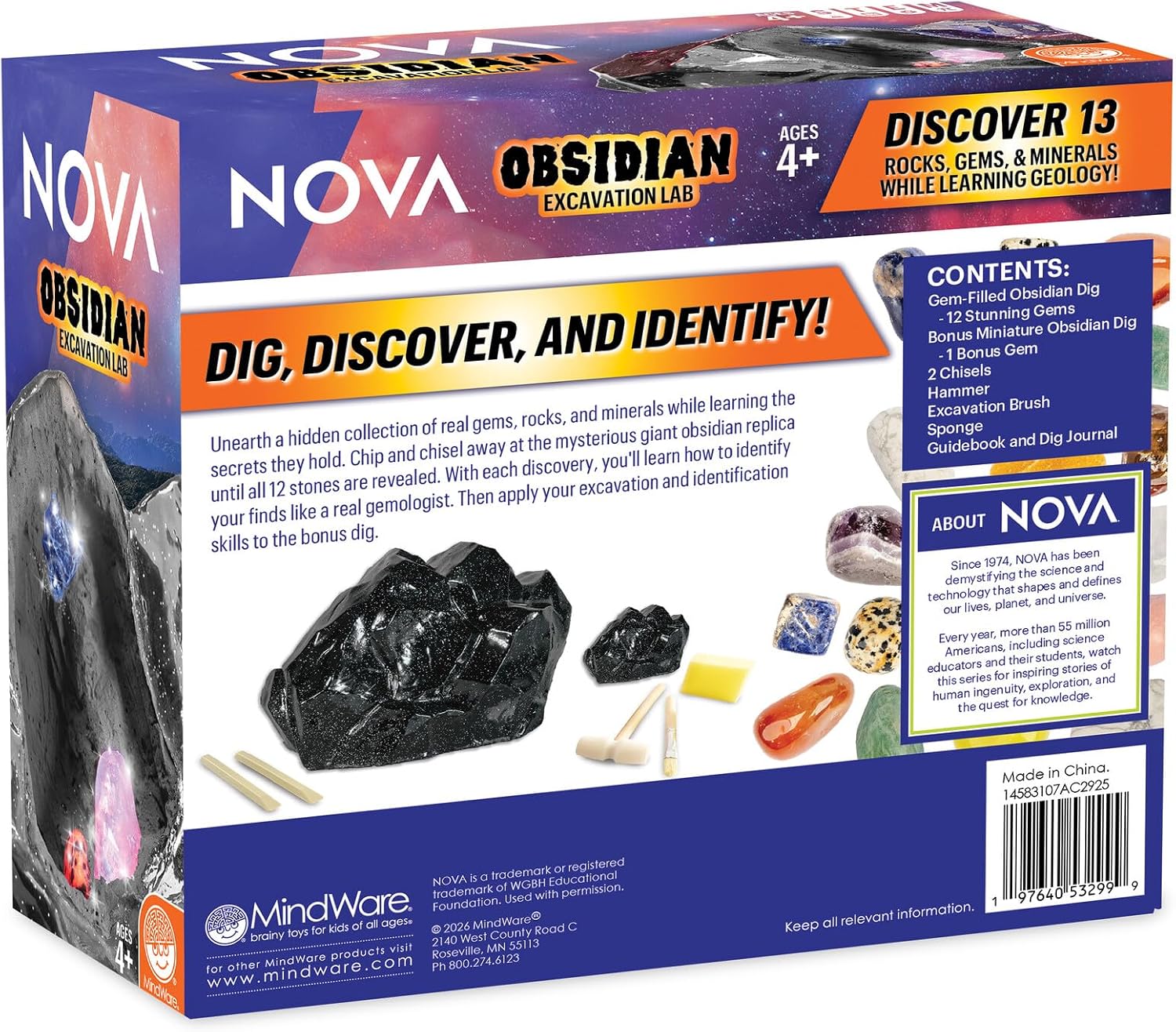 Gem Dig Kit for Kids Ages 4+ - NOVA Obsidian Excavation Lab by MindWare, 13 Real Gems + Bonus Mini-Dig + Dig Journal, Geology Science Kit with Rock & Mineral Tools