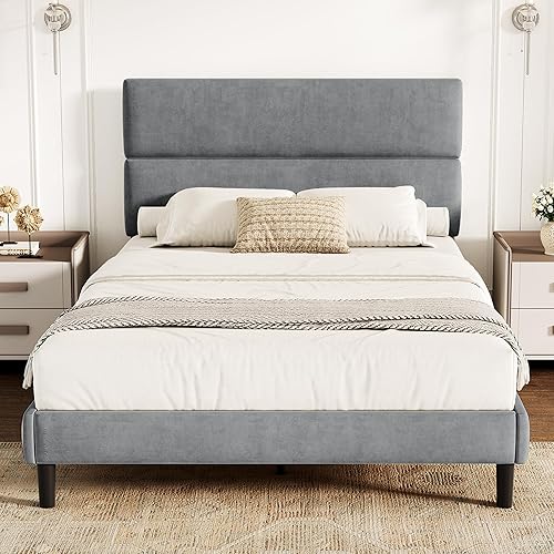 Miniatura 12 de Base de cama de plataforma tamaño Queen con cabecera de terciopelo, soporte de listones de madera de altura ajustable, base de colchón tapizada, se