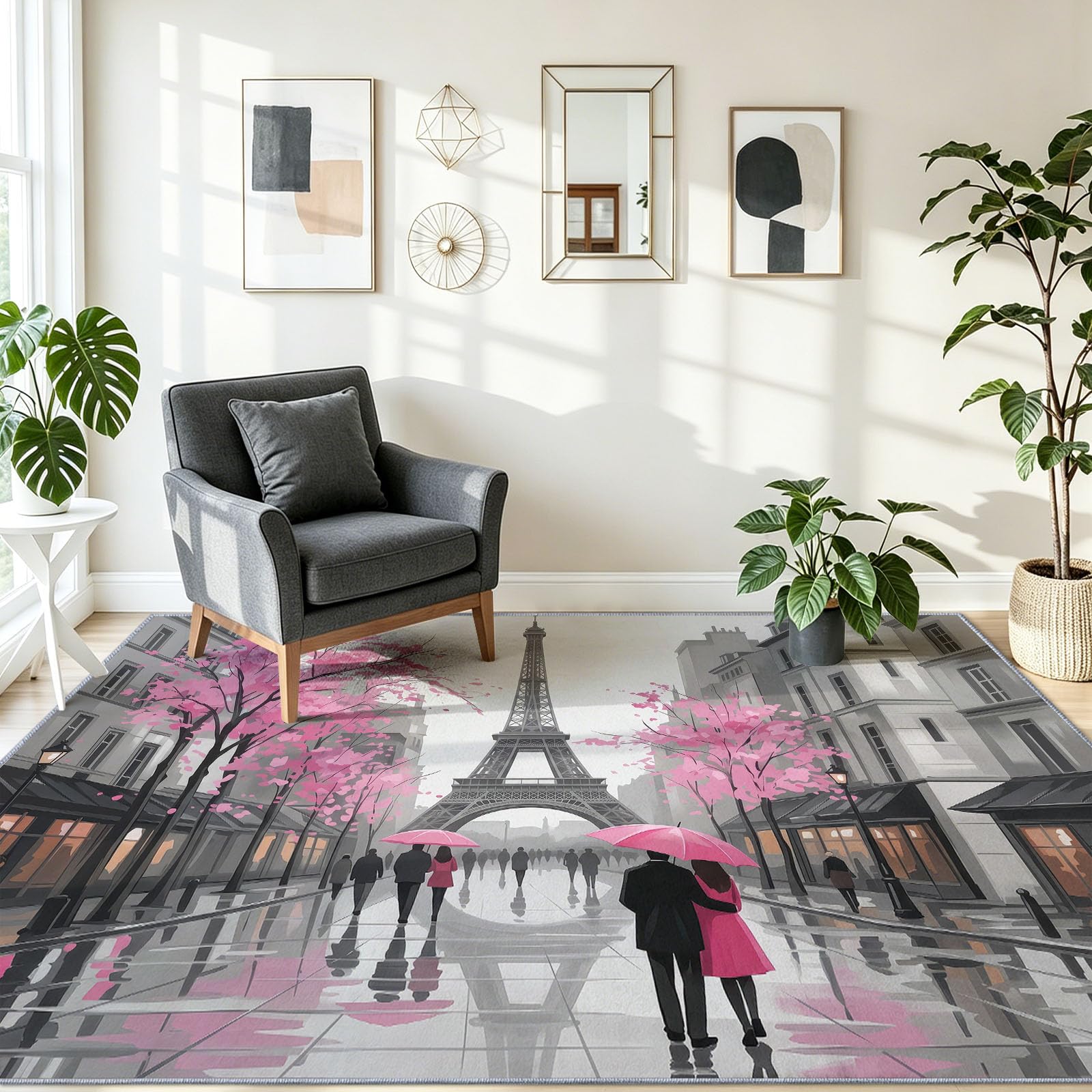 Französisch Fotografie Teppich Waschbar 100 x 150 cm, Eiffelturm Strasse Bäume Weich rutschfest Kurzflor Teppiche, für Wohnzimmer Schlafzimmer Esszimmer Büro, Bunt