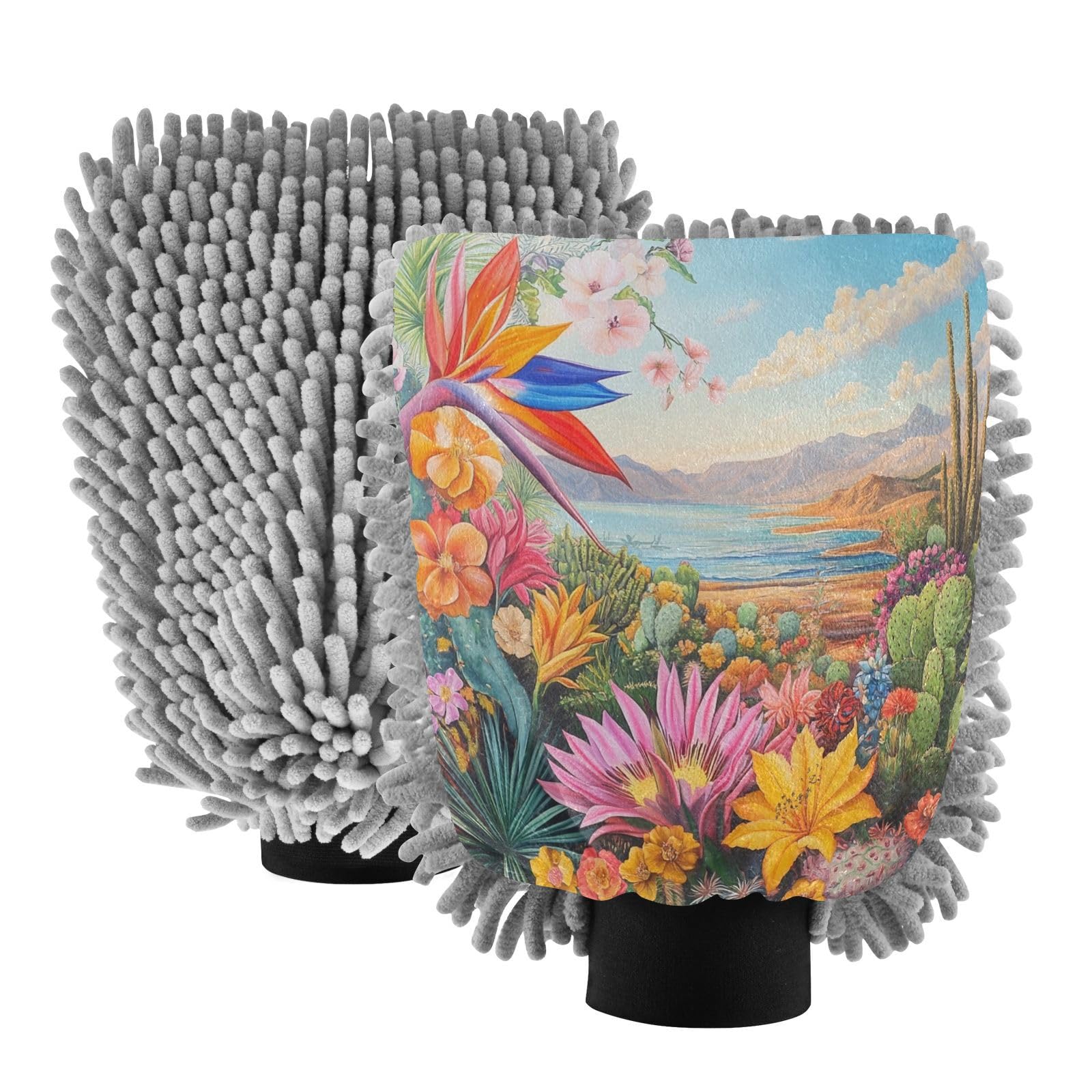 Hezely Colorful Flowers Car Wash Mitt, 2PK Scratch Free Lint-Free for Car Washing and Detailing