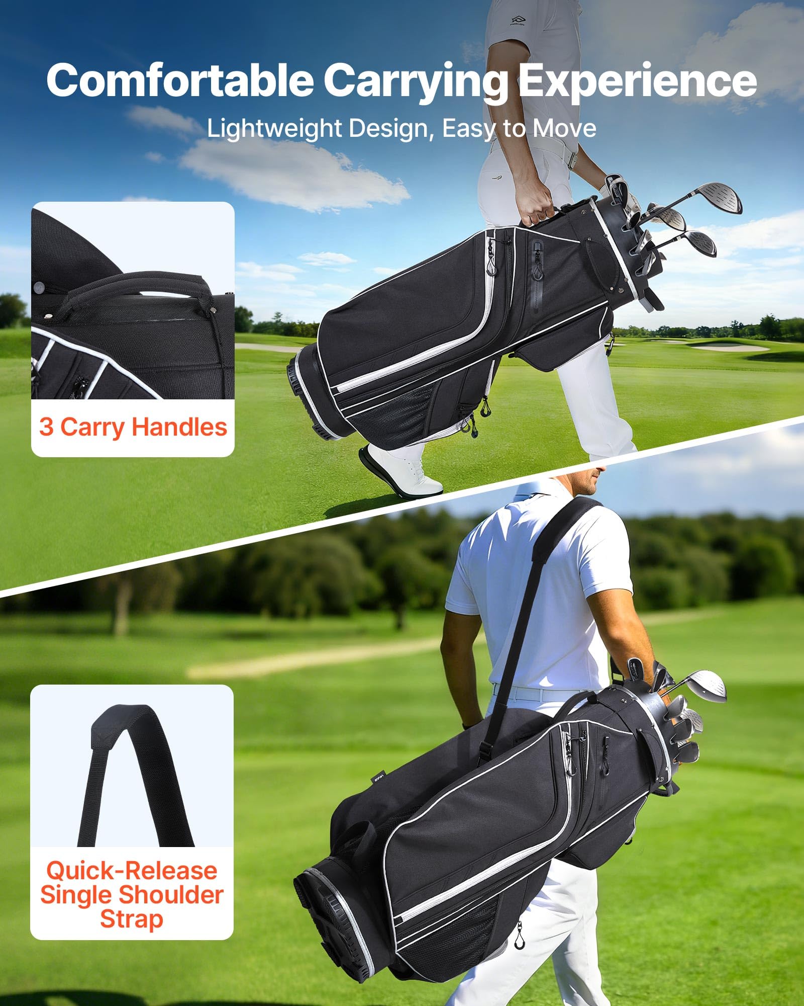 VEVOR Golftasche mit 14-fache Durchgehenden Schlägerfächern Tragegriffen Stautaschen Schultergurt Regenschutzhaube Leichtgängigen Reißverschlüssen Golfbag aus 900D Polyester Schwarz