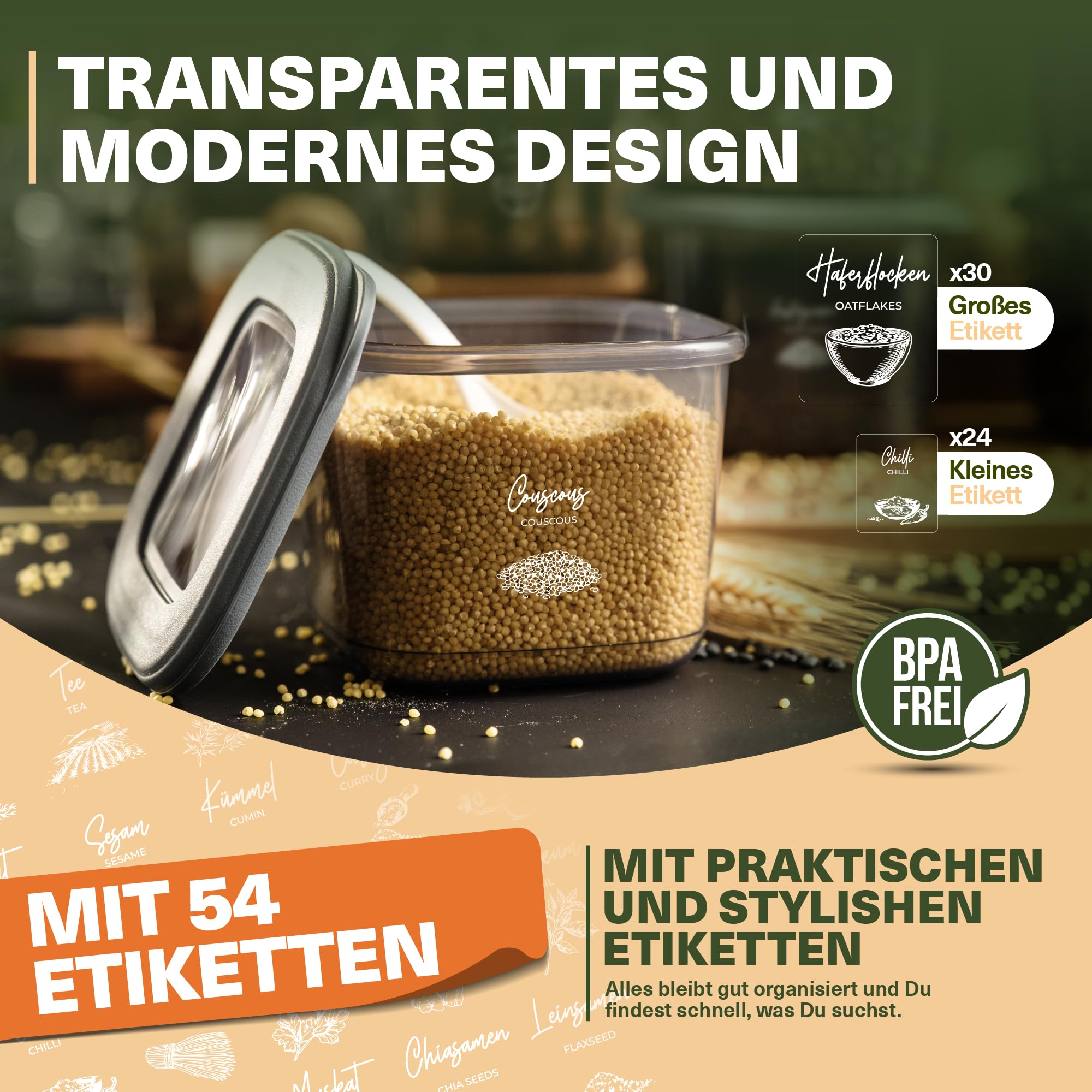 Viwares Contenitori con coperchio, ermetici, set da 48 contenitori senza BPA, per la conservazione della farina di cereali, cucina, pratico organizer da cucina, contenitori per alimenti