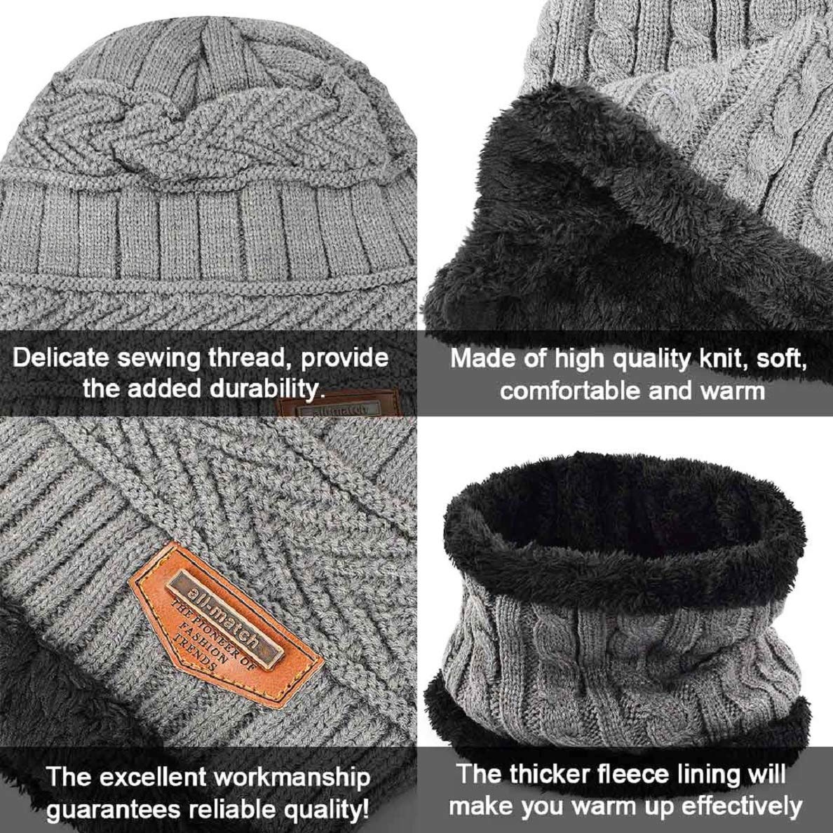 Voqeen Gorras Invierno con Bufanda y Suave Unisexo Beanie Encantador Invierno Guantes Táctiles Antideslizante 3 en 1 de Punto Sombreros Conjunto para Mujeres y Hombres Invierno Regalos(Gris)