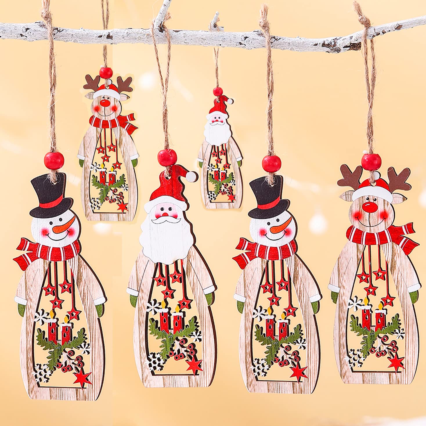 ANLEMIN Christmas Wooden Ornaments Wooden Santa Claus Hanging Decorations Xmas Tree Ornament for Home Wall Bottle -6pcs