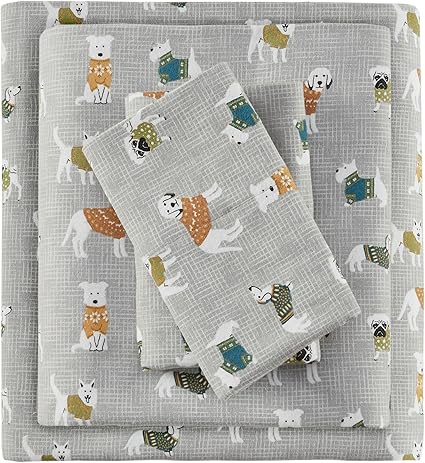 True North by Sleep Philosophy Cozy Flannel Warm 100% Cotton Sheet - Novelty Print Animals Stars Cute Ultra Soft Cold Weather Bedding Set, Twin, Grey Dogs 3 Piece