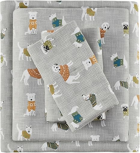 True North by Sleep Philosophy Cozy Flannel Warm 100% Cotton Sheet - Novelty Print Animals Stars Cute Ultra Soft Cold Weather Bedding Set, Twin, Grey Dogs 3 Piece