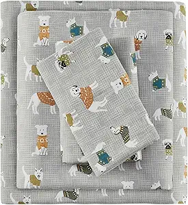 True North by Sleep Philosophy Cozy Flannel Warm 100% Cotton Sheet - Novelty Print Animals Stars Cute Ultra Soft Cold Weather Bedding Set, Twin, Grey Dogs 3 Piece