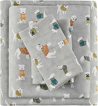 True North by Sleep Philosophy Cozy Flannel Warm 100% Cotton Sheet - Novelty Print Animals Stars Cute Ultra Soft Cold Weather Bedding Set, Twin, Grey Dogs 3 Piece