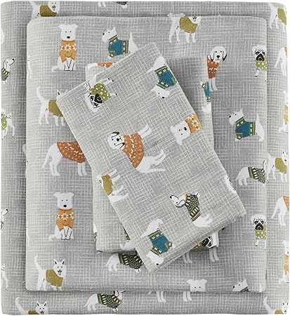 True North by Sleep Philosophy Cozy Flannel Warm 100% Cotton Sheet - Novelty Print Animals Stars Cute Ultra Soft Cold Weather Bedding Set, Twin, Grey Dogs 3 Piece