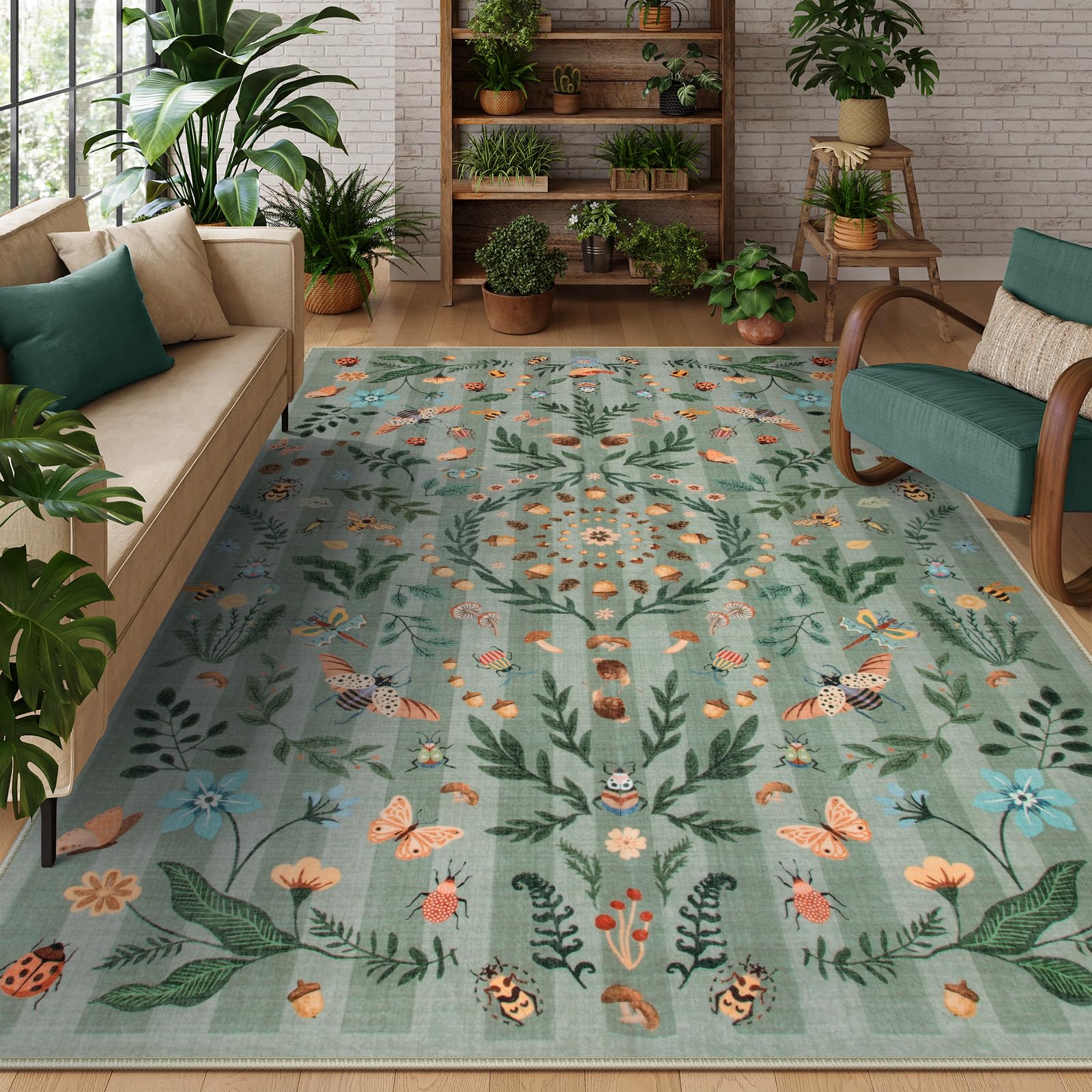 Lahome Insect Botanical Washable Rugs 8x10 Green Rug for Living Room, Boho Non Slip Rugs for Bedroom, Indoor Throw Dining Room Rug for Under Table