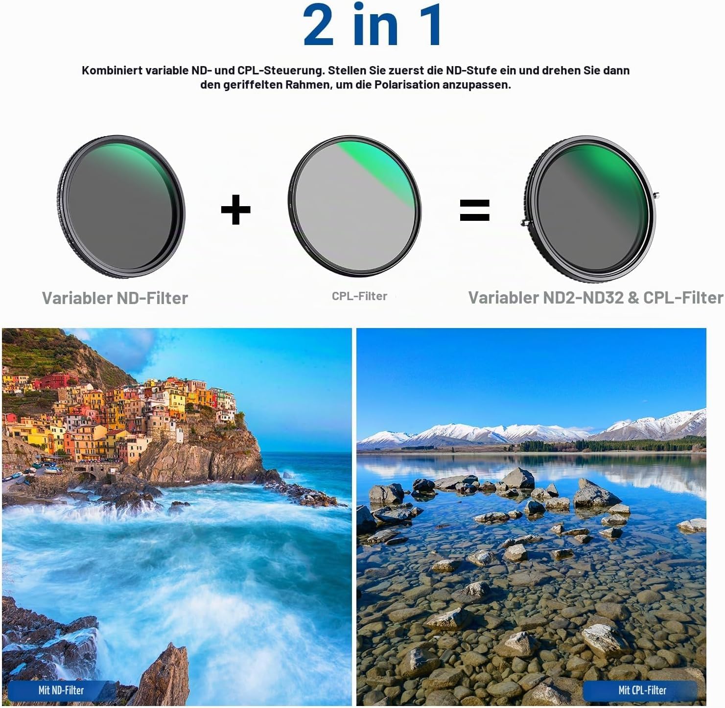 Neewer 2 in 1 58mm Variable ND Filter ND2-ND32&CPL (Zirkular Polfilter) No X Cross Variabel Graufilter HD optisches Glasagiges Nano beschichtetes wasserabweisend Kratzfest – Bild 2