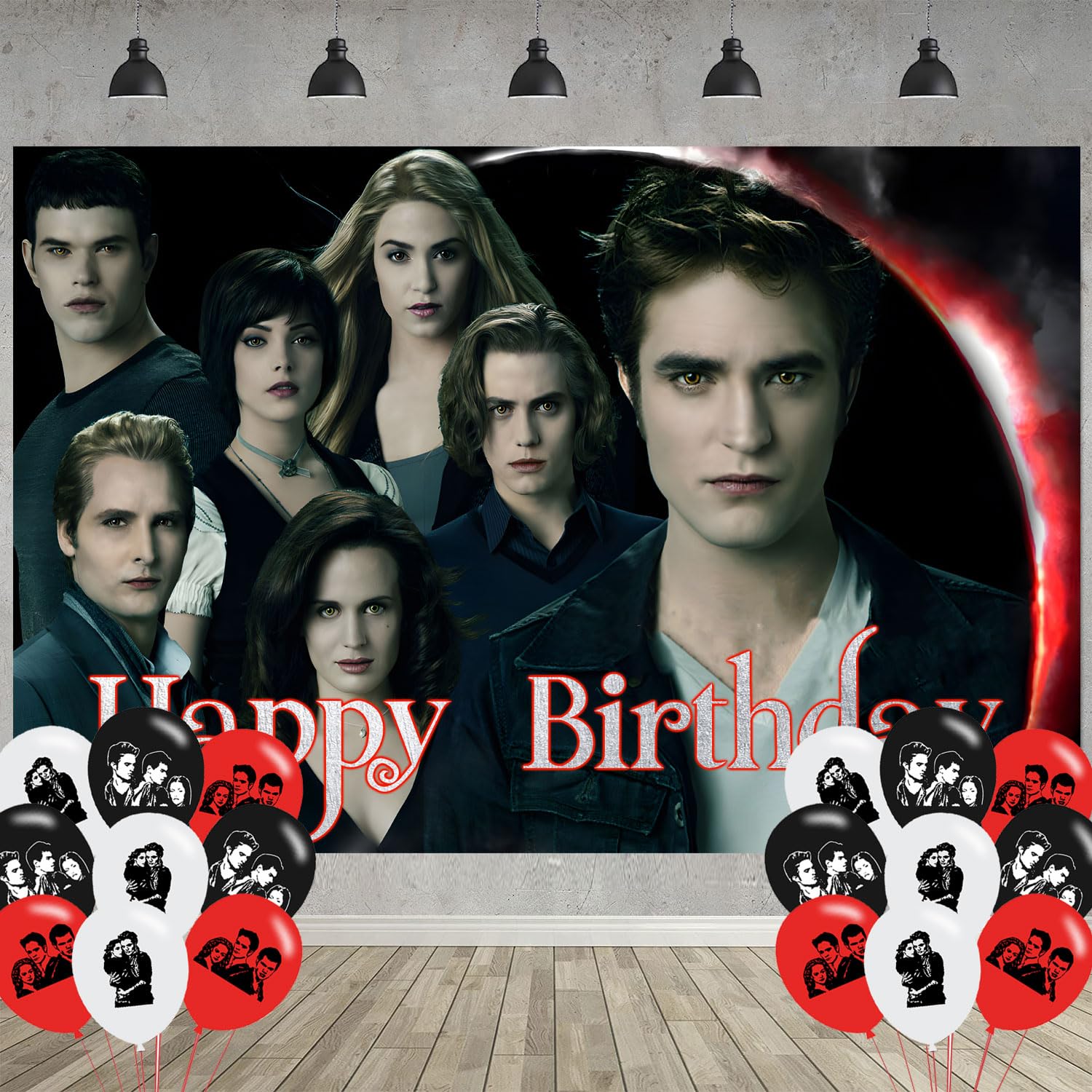 The Saga of Twilight Birthday Party Decoration,Movie Party Photo Background 5 x 3 FT and 18 Pcs Balloon,Vampire Merch Party Backdrop Supplies