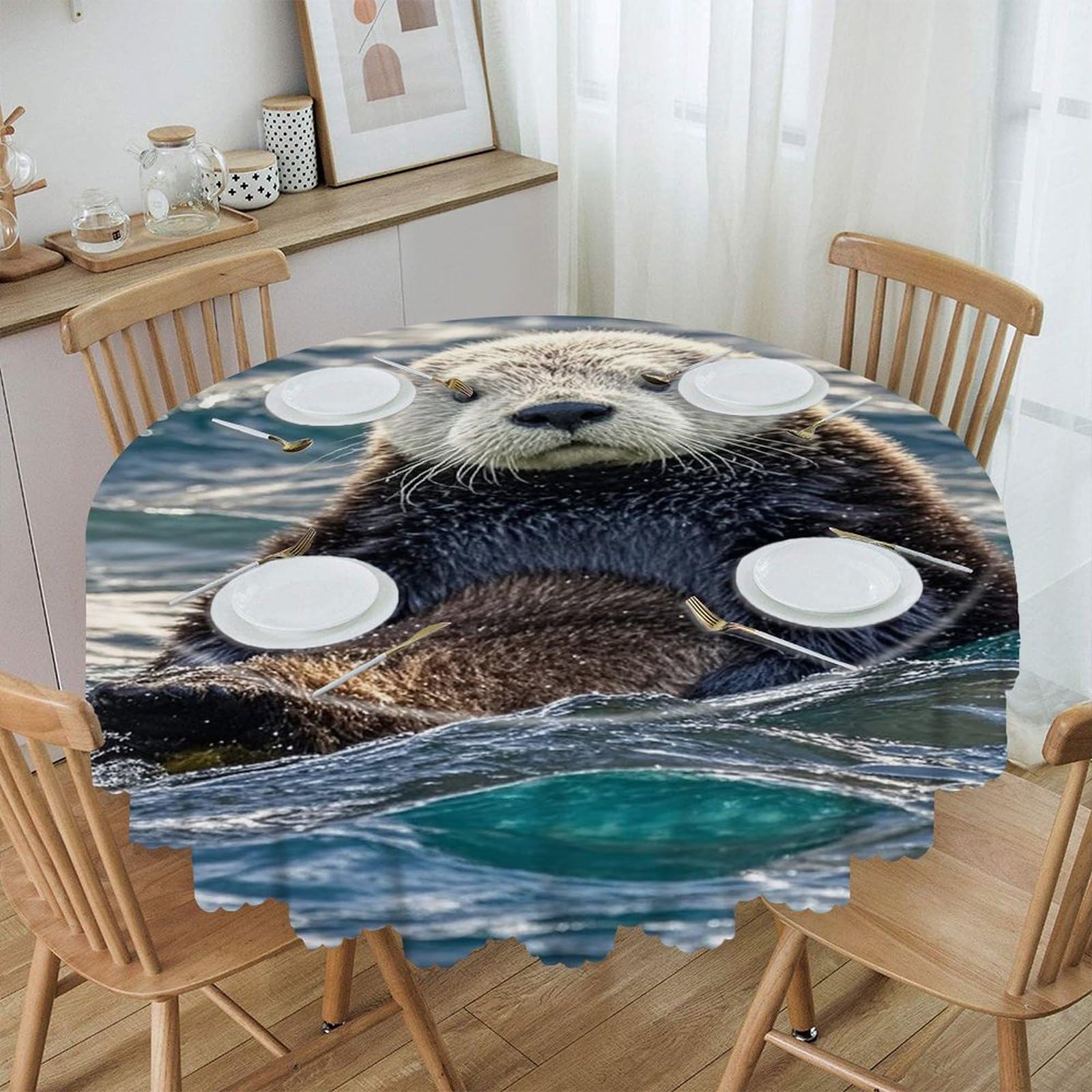 FekiLoot 60 Inch Round Sea Otter Tablecloth Waterproof Heavy Duty Polyester Table Cloth Spill-Proof Wipeable Table Cover Decorative Circle Dining Tablecover for Party Outdoor