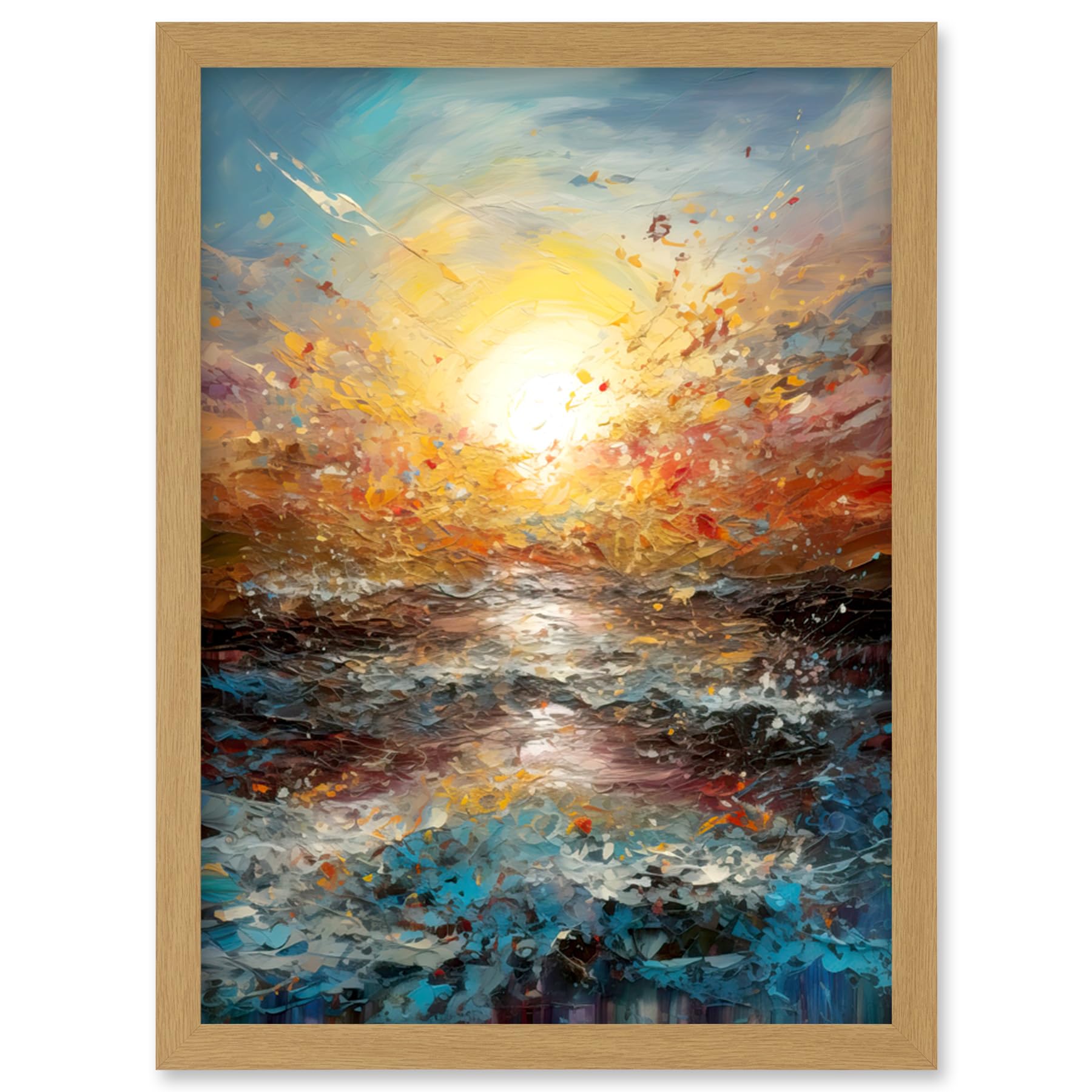 Artery8 Sunrise at Sea Abstract Seascape Splatter Art Artwork Framed Wall Art Print A4
