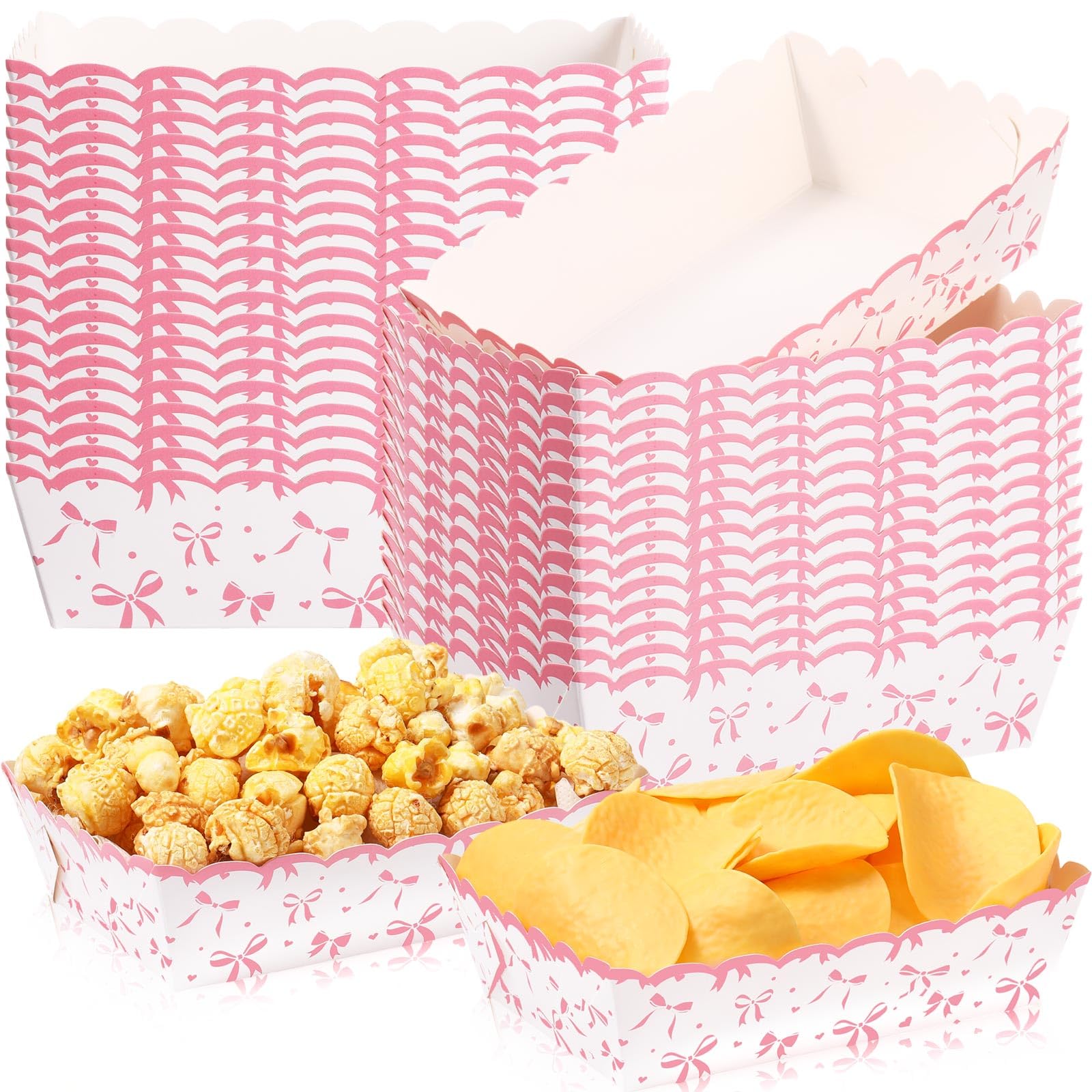 Dunzoom 60 Pcs Pink Bow Paper Food Trays Bow Plates Coquette Birthday Decorations Kraft Food Boat Nacho Trays for Wedding Bridal Baby Shower Party