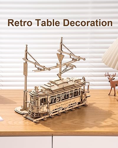 Miniatura 7 de ROKR Rompecabezas de madera 3D, kits de autos para adultos, juego de tren de tranvía de juguete de madera con ferrocarril, rompecabezas 3D de madera