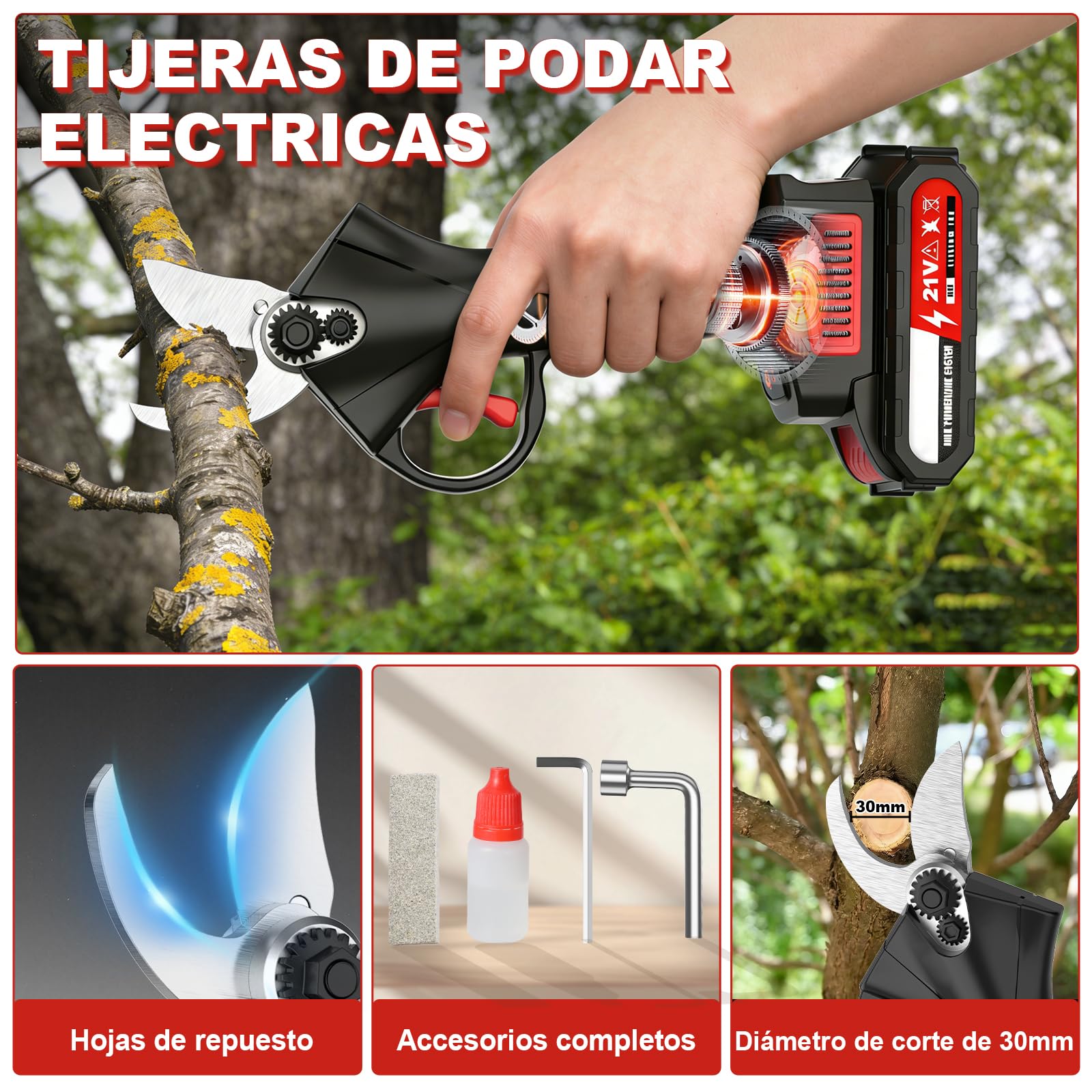 Tijeras de Podar Electricas,30mm Tijeras de Podar Bateria,21V,2*2.0Ah Baterías,Motor sin Escobillas,1*Cuchilla de Repuesto,0,9 kg Cuerpo Ligero, Ideal para Podar Ramas en Jardines, Huertos y Granjas